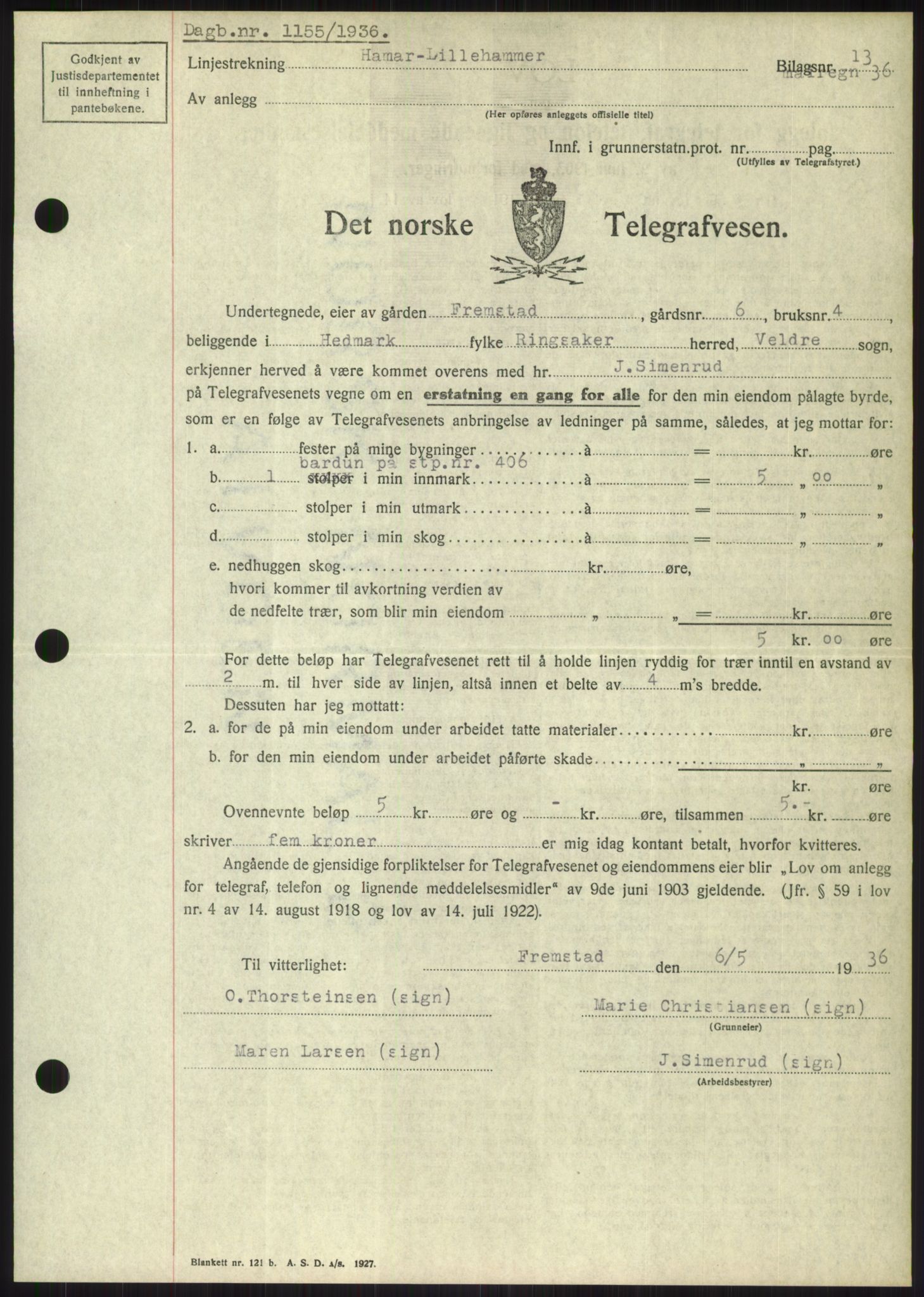 Nord-Hedmark sorenskriveri, SAH/TING-012/H/Hb/Hbf/L0001: Pantebok nr. B1, 1936-1936, Dagboknr: 1155/1936