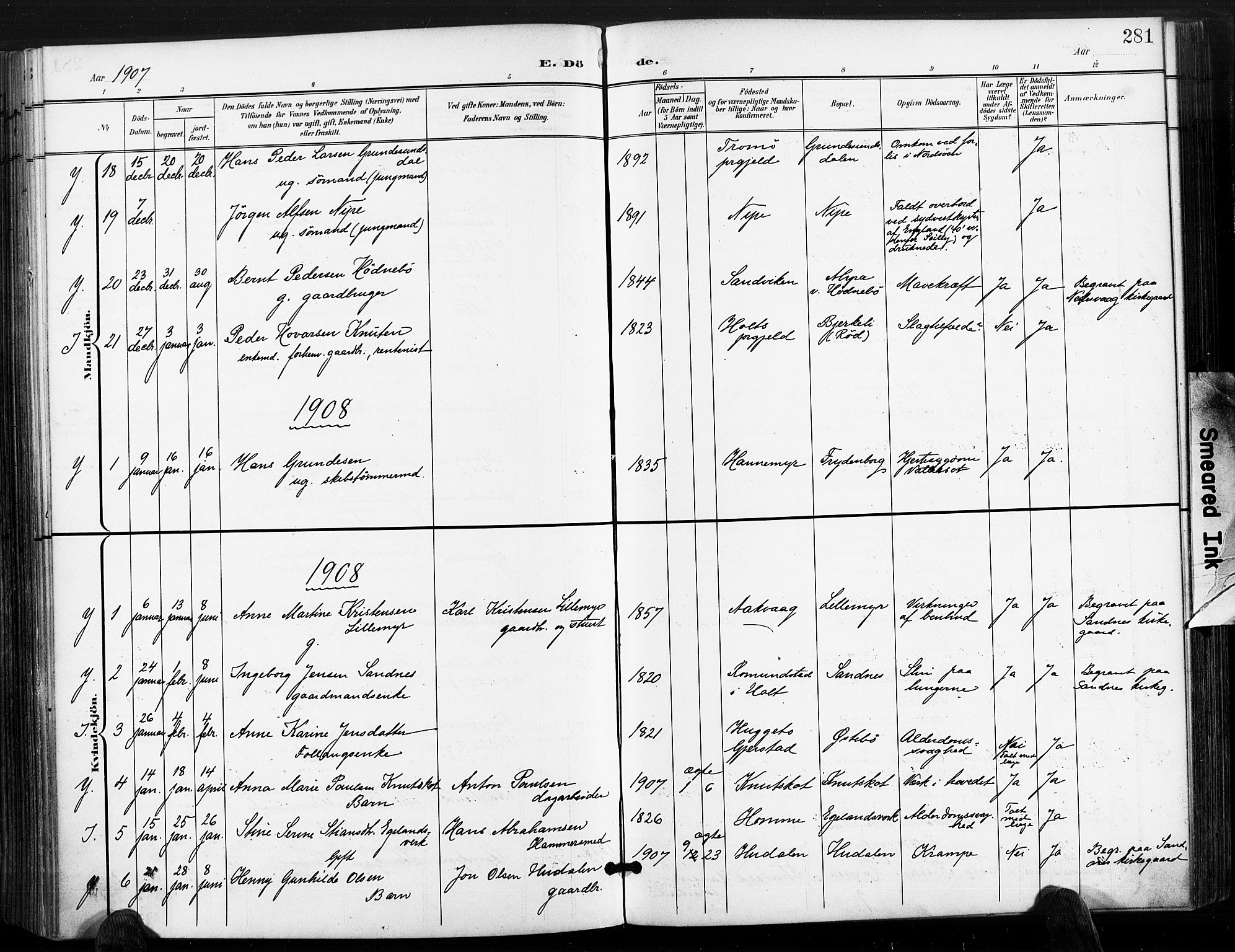 Søndeled sokneprestkontor, AV/SAK-1111-0038/F/Fa/L0006: Ministerialbok nr. A 6, 1900-1922, s. 281