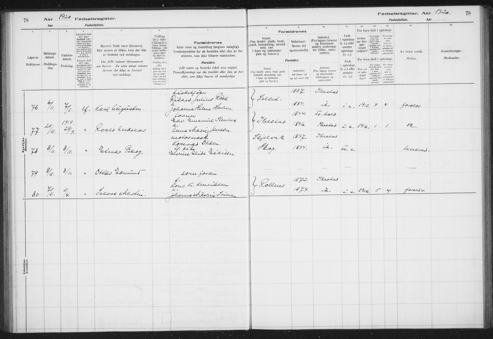 Ibestad sokneprestembete, AV/SATØ-S-0077/I/Ic/L0061: Fødselsregister nr. 61, 1917-1929, s. 78