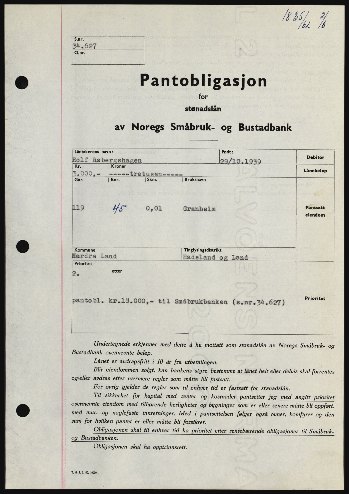 Hadeland og Land tingrett, SAH/TING-010/H/Hb/Hbc/L0048: Pantebok nr. B48, 1962-1962, Dagboknr: 1835/1962