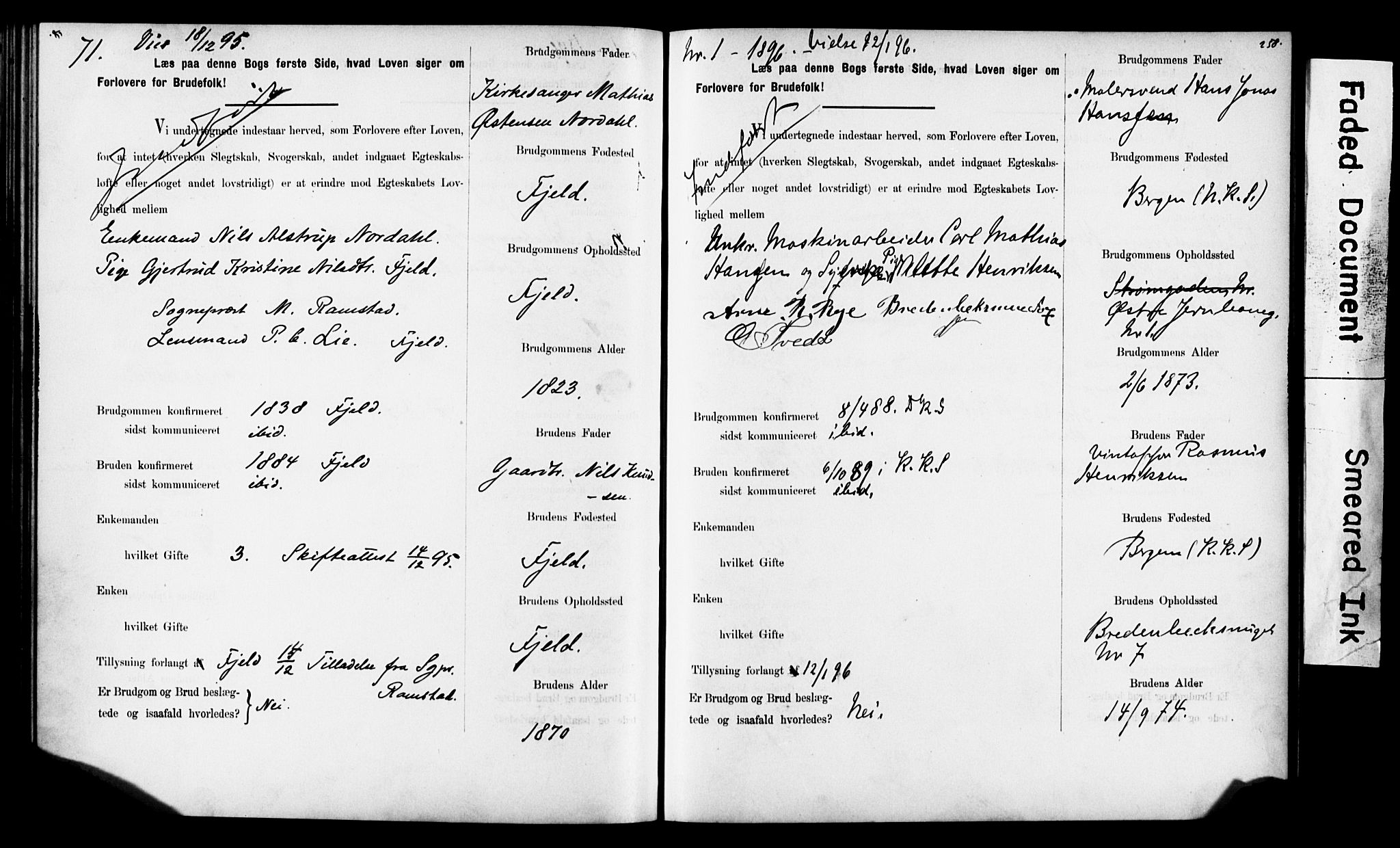 Korskirken sokneprestembete, SAB/A-76101: Forlovererklæringer nr. II.5.6, 1889-1898, s. 258