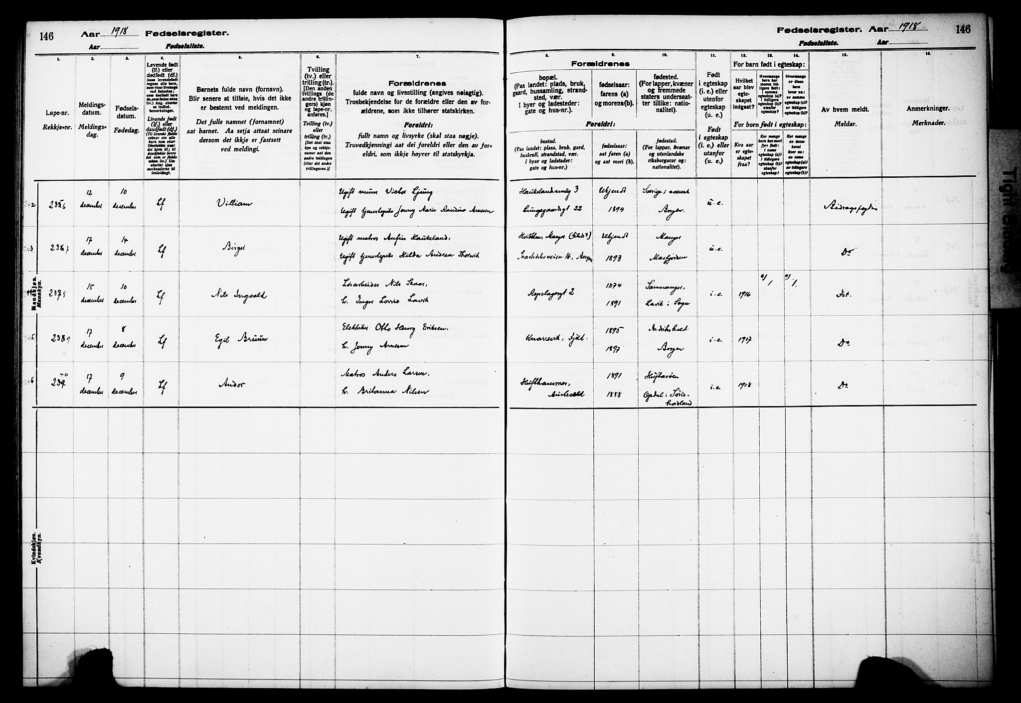 Kvinneklinikken, AV/SAB-A-76301/F/L0A01: Fødselsregister nr. A 1, 1916-1920, s. 146