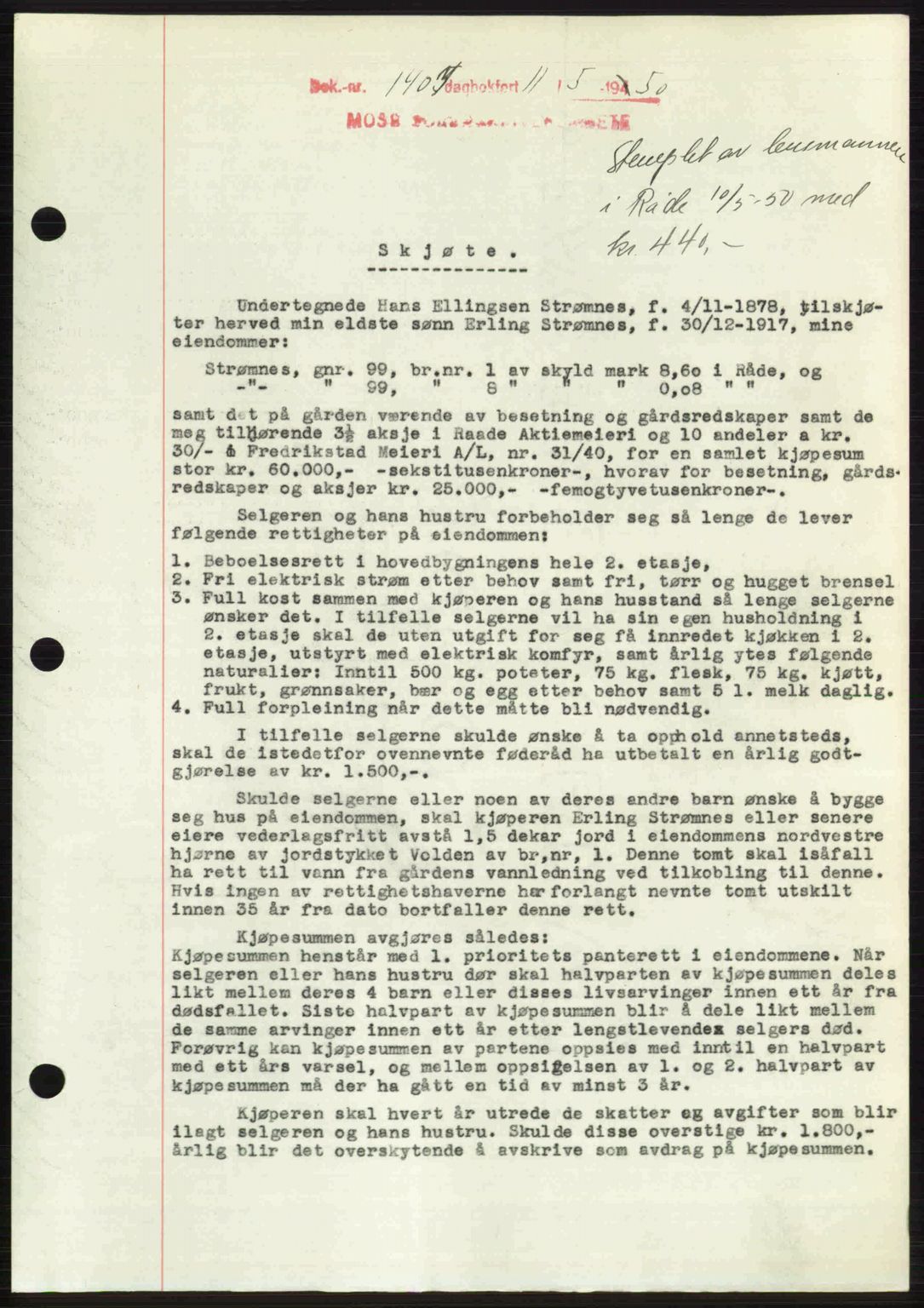 Moss sorenskriveri, SAO/A-10168: Pantebok nr. A26, 1950-1950, Dagboknr: 1404/1950