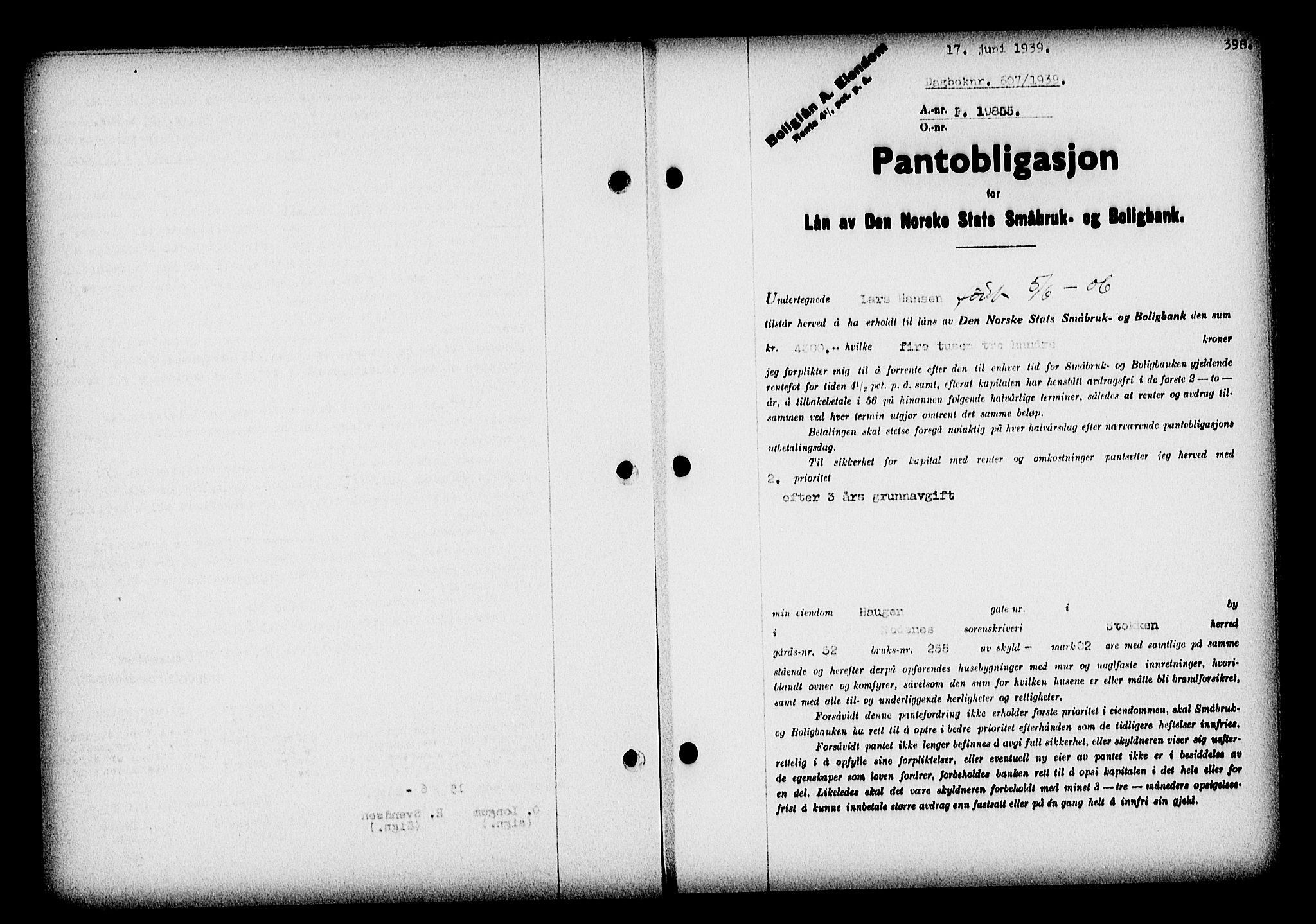 Nedenes sorenskriveri, SAK/1221-0006/G/Gb/Gba/L0046: Pantebok nr. 42, 1938-1939, Dagboknr: 607/1939