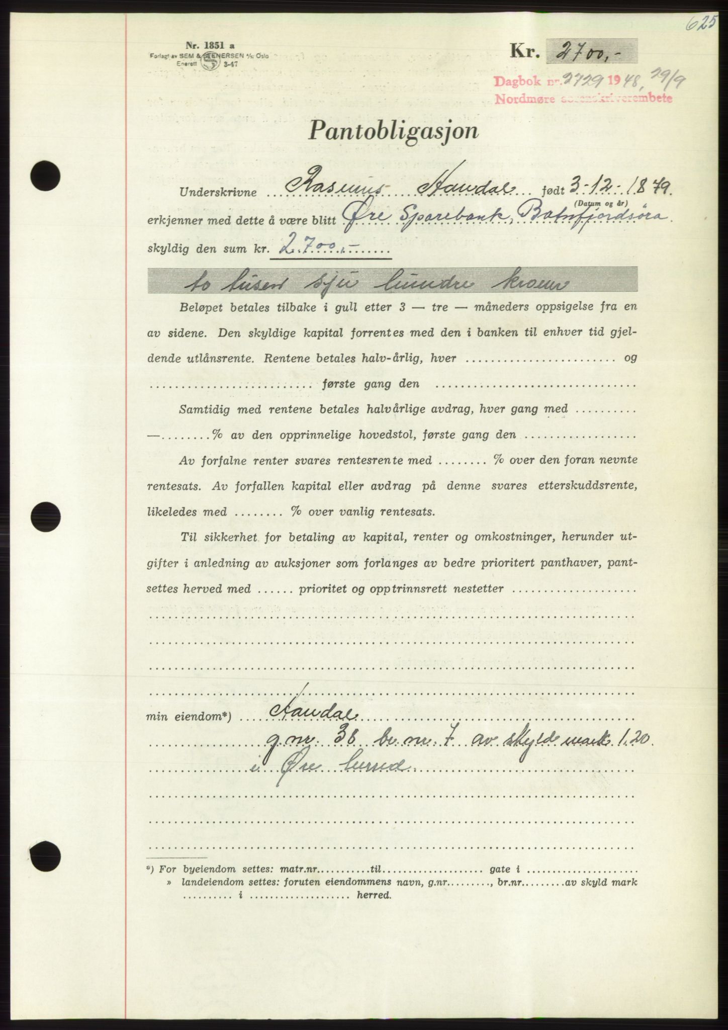 Nordmøre sorenskriveri, SAT/A-4132/1/2/2Ca: Pantebok nr. B99, 1948-1948, Dagboknr: 2729/1948