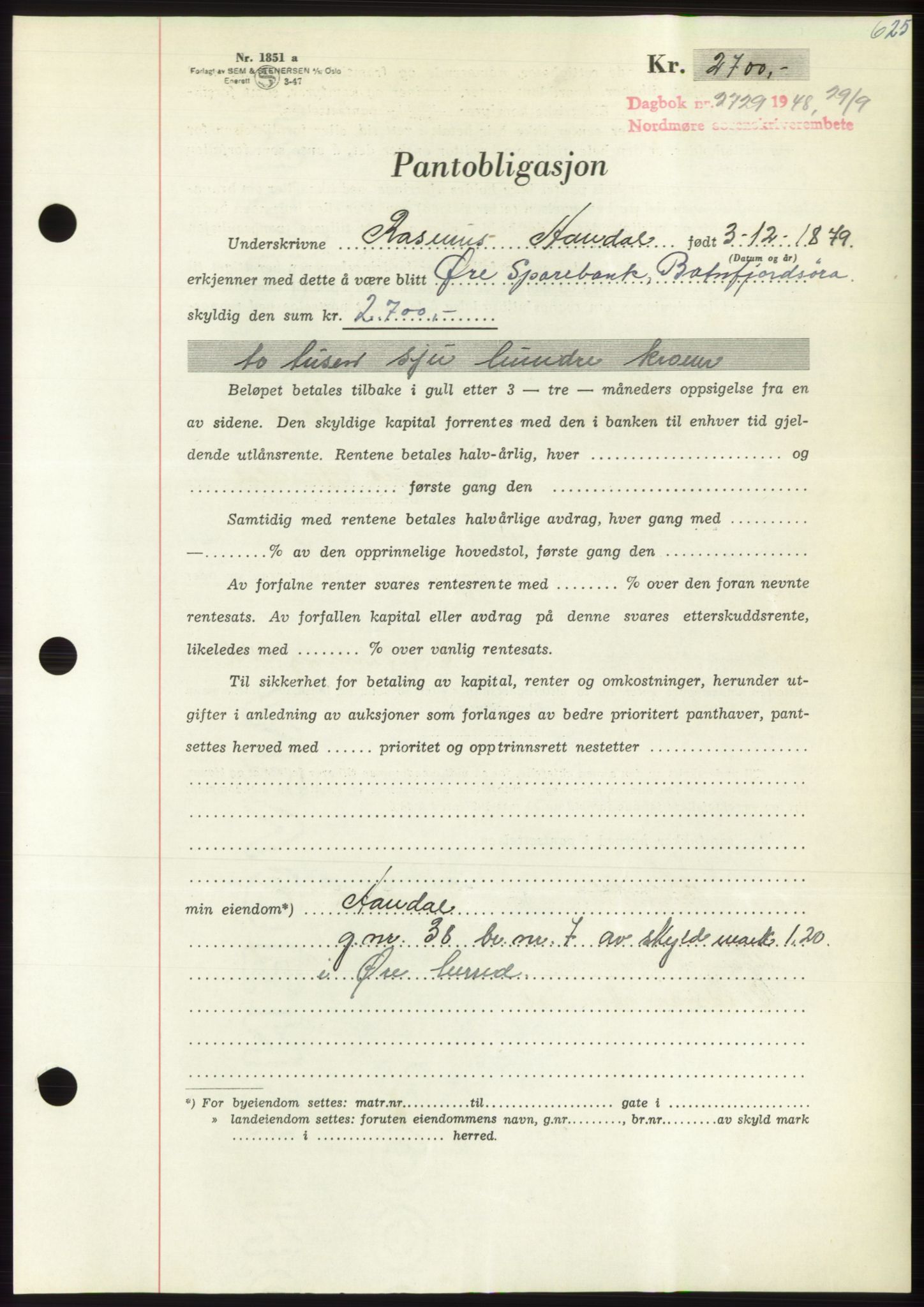 Nordmøre sorenskriveri, AV/SAT-A-4132/1/2/2Ca: Pantebok nr. B99, 1948-1948, Dagboknr: 2729/1948