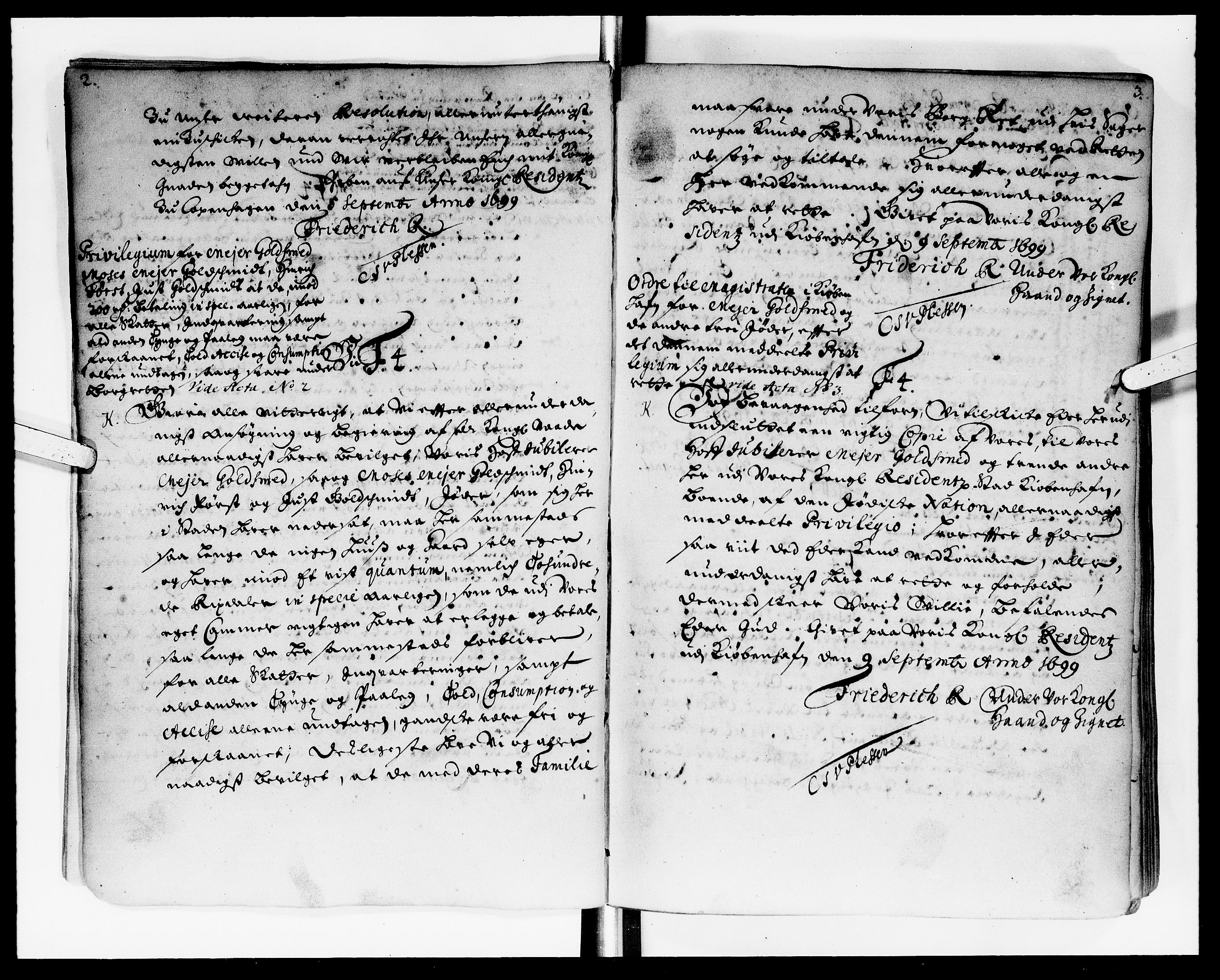 Rentekammeret Skatkammeret, Danske Sekretariat (1660-1679) / Rentekammeret Danske Afdeling, Kammerkancelliet (1679-1771), DRA/A-0007/-/2212-14: Ekspeditionsprotokol, 1699-1700, s. 2-3
