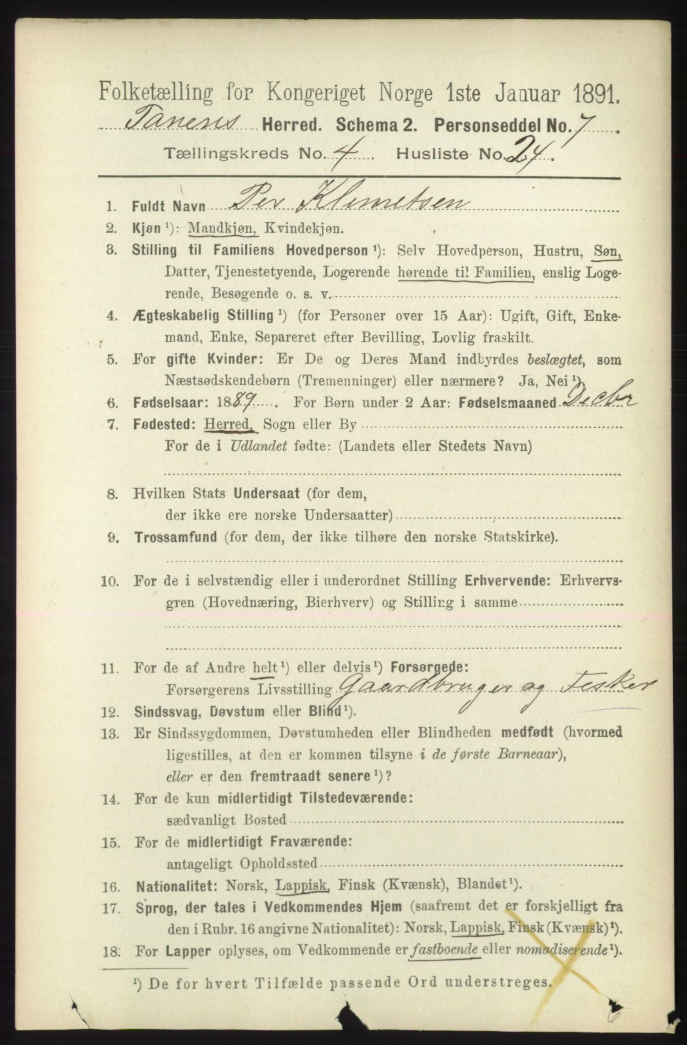 RA, Folketelling 1891 for 2025 Tana herred, 1891, s. 1866