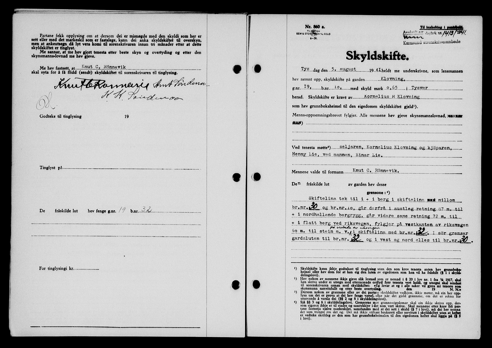 Karmsund sorenskriveri, SAST/A-100311/01/II/IIB/L0075: Pantebok nr. 56A, 1941-1941, Dagboknr: 1413/1941