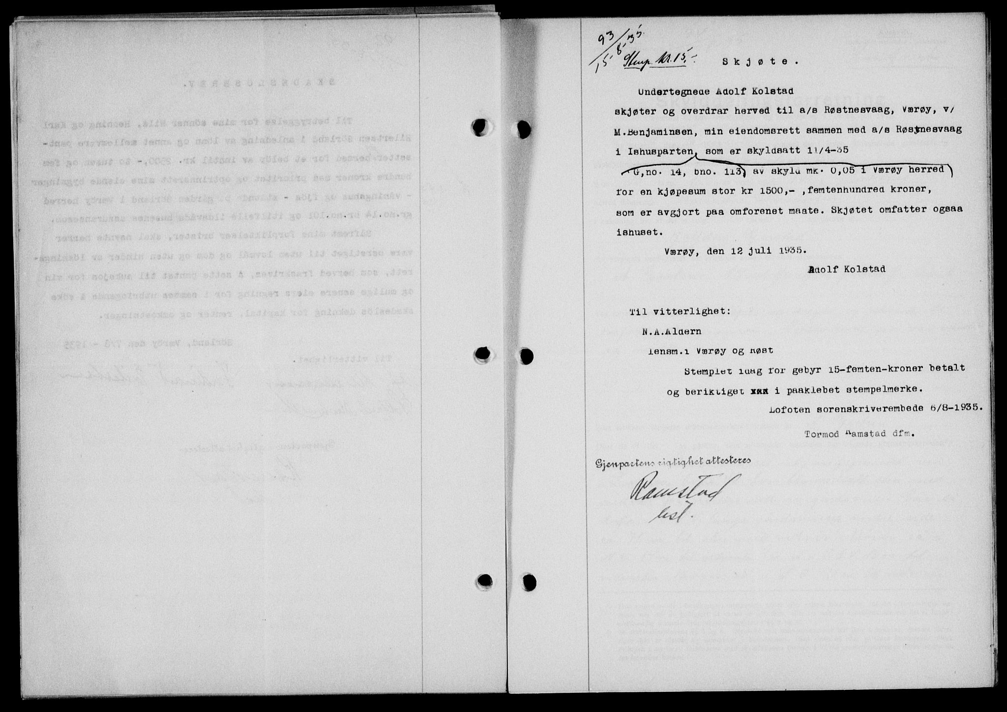 Lofoten sorenskriveri, SAT/A-0017/1/2/2C/L0032b: Pantebok nr. 32b, 1935-1935, Tingl.dato: 15.08.1935