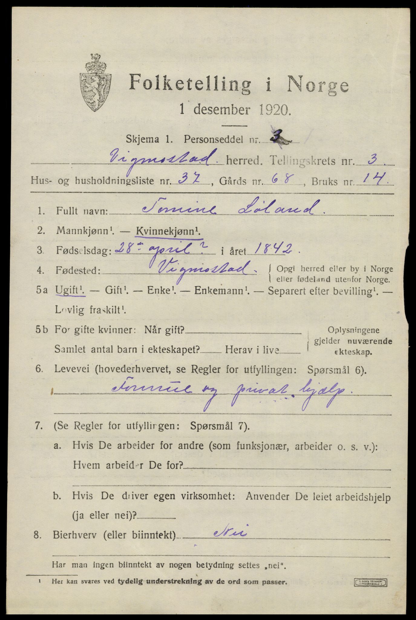 SAK, Folketelling 1920 for 1028 Vigmostad herred, 1920, s. 1129