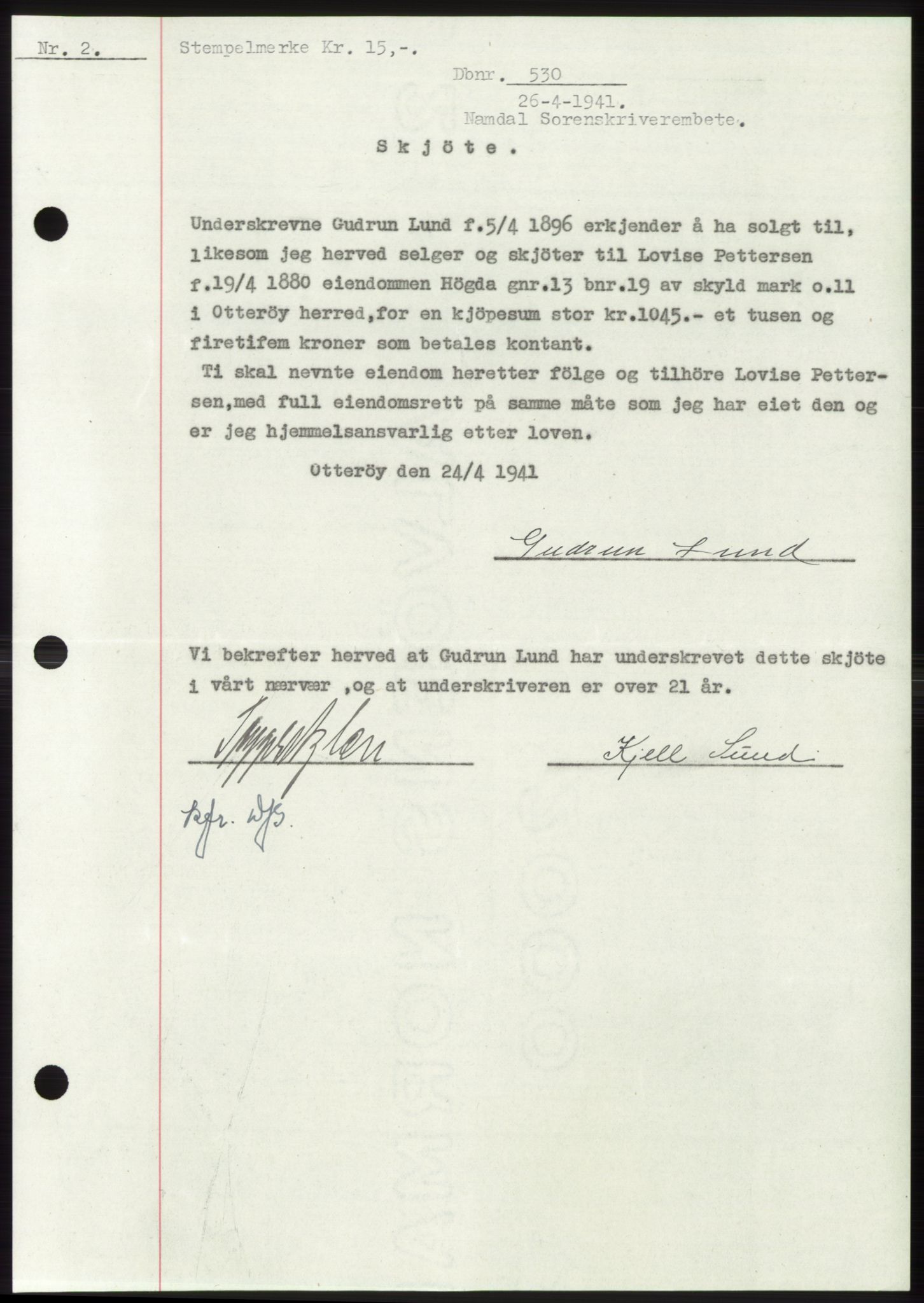 Namdal sorenskriveri, SAT/A-4133/1/2/2C: Pantebok nr. -, 1940-1941, Tingl.dato: 26.04.1941