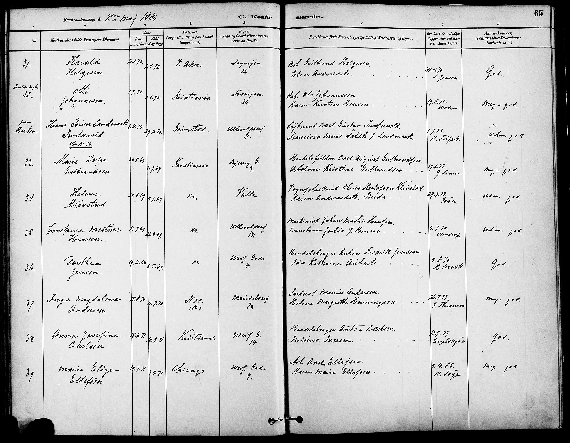Gamle Aker prestekontor Kirkebøker, AV/SAO-A-10617a/F/L0007: Ministerialbok nr. 7, 1882-1890, s. 65
