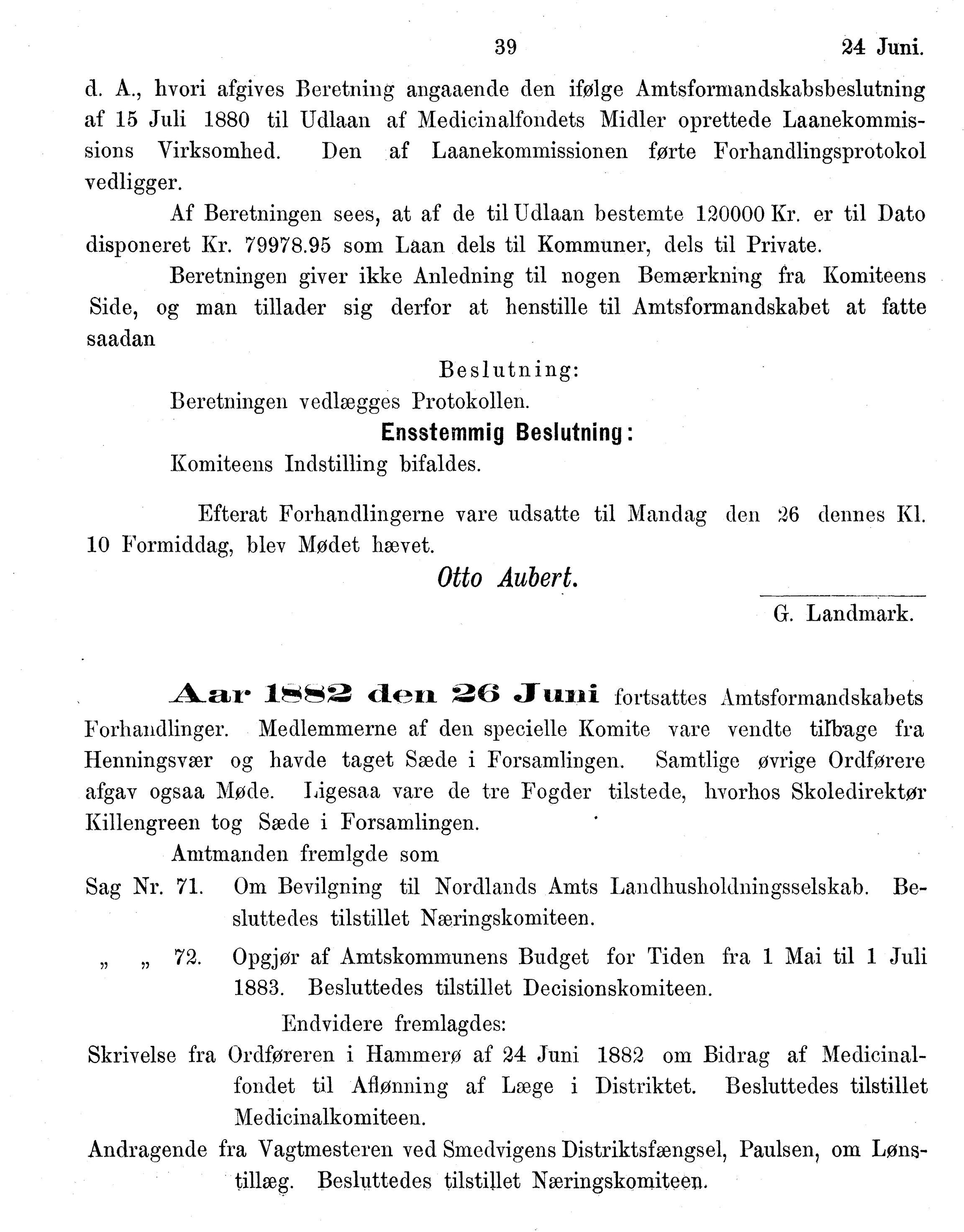 Nordland Fylkeskommune. Fylkestinget, AIN/NFK-17/176/A/Ac/L0014: Fylkestingsforhandlinger 1881-1885, 1881-1885, s. 39