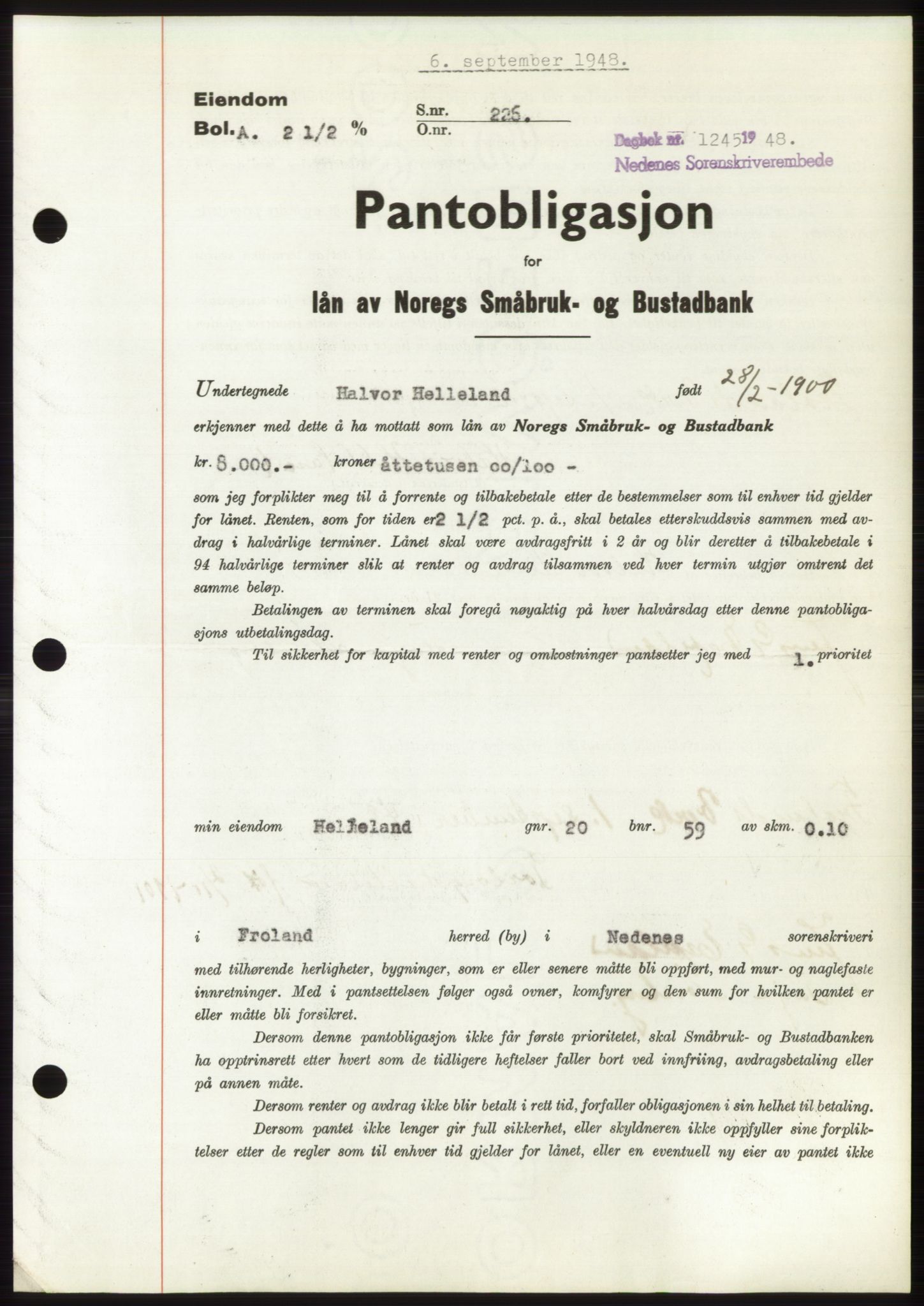 Nedenes sorenskriveri, AV/SAK-1221-0006/G/Gb/Gbb/L0005: Pantebok nr. B5, 1948-1948, Dagboknr: 1245/1948