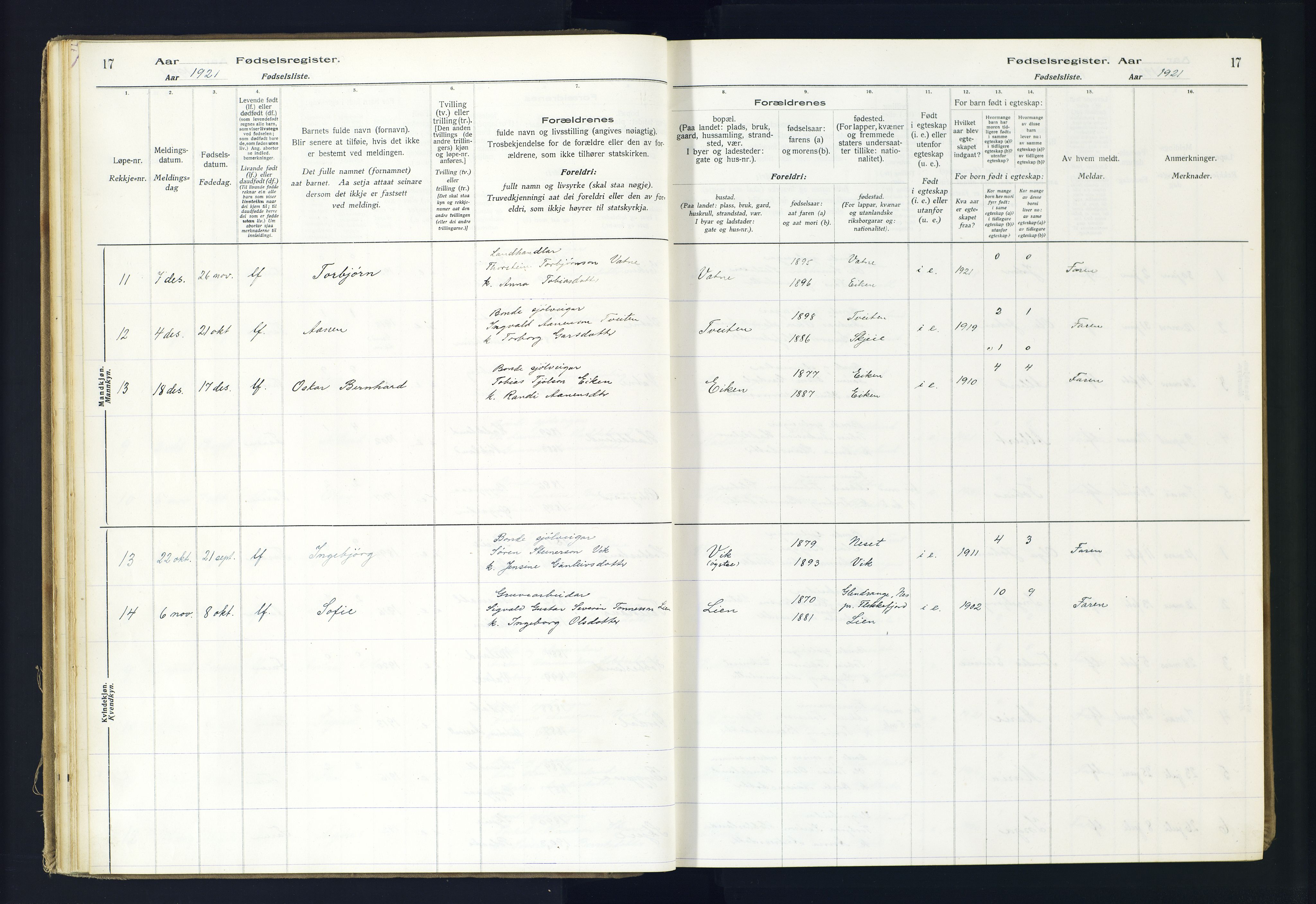 Hægebostad sokneprestkontor, AV/SAK-1111-0024/J/Ja/L0002: Fødselsregister nr. II.6.8, 1916-1982, s. 17