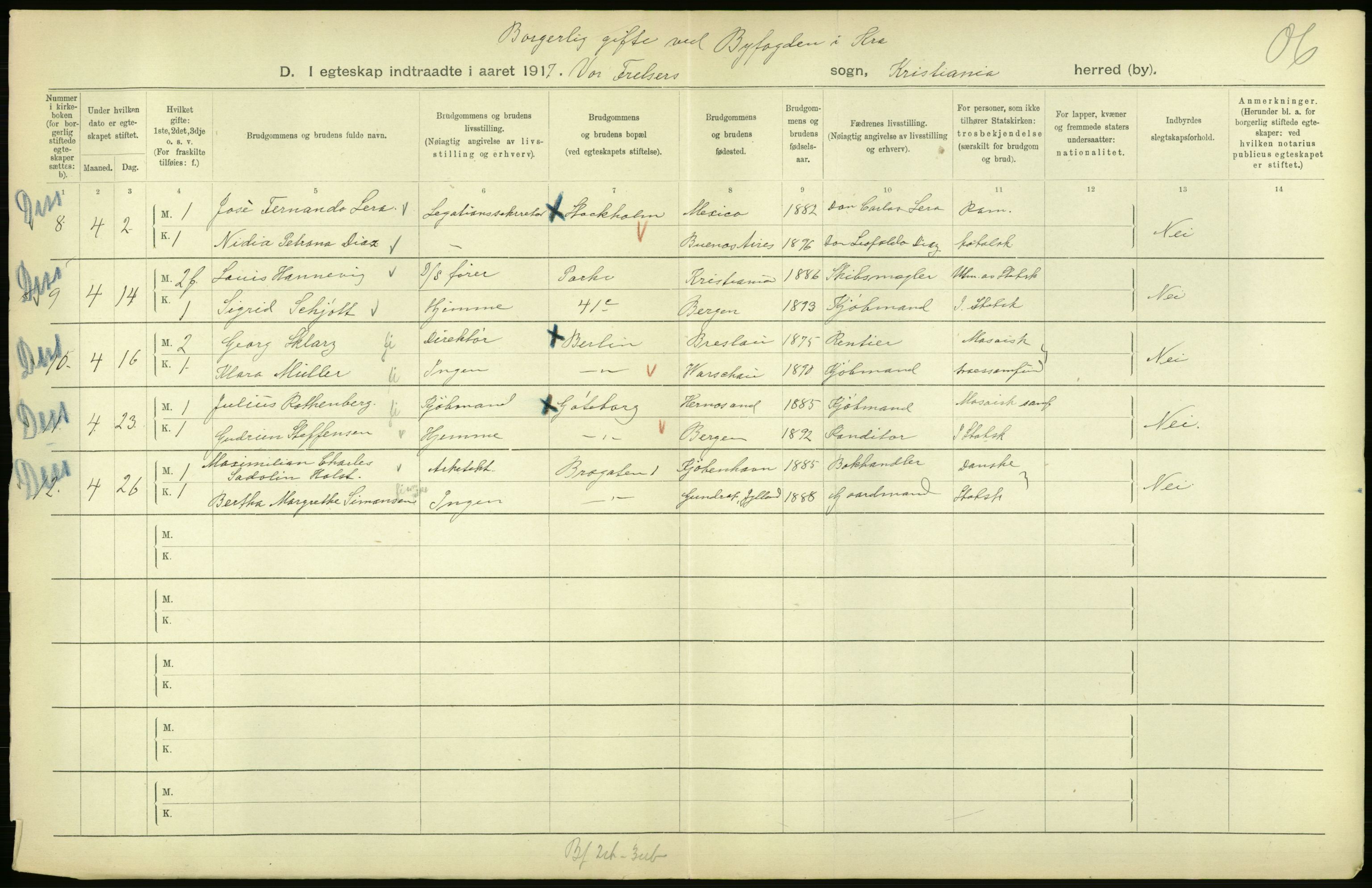 Statistisk sentralbyrå, Sosiodemografiske emner, Befolkning, AV/RA-S-2228/D/Df/Dfb/Dfbg/L0008: Kristiania: Gifte, 1917, s. 78