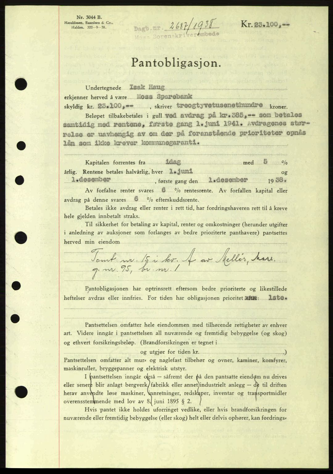 Moss sorenskriveri, SAO/A-10168: Pantebok nr. B6, 1938-1938, Dagboknr: 2687/1938