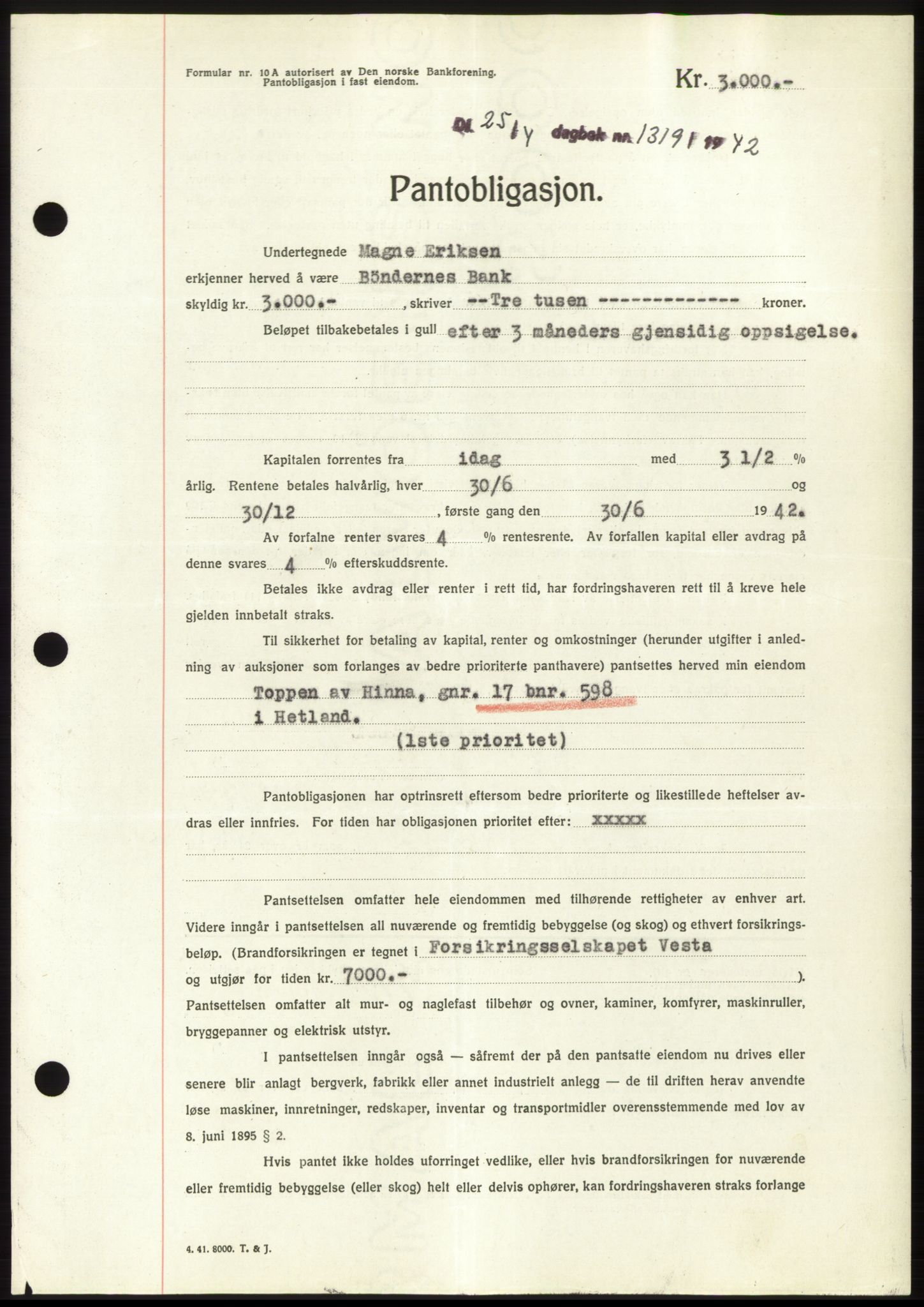 Jæren sorenskriveri, SAST/A-100310/03/G/Gba/L0082: Pantebok, 1942-1942, Dagboknr: 1319/1942