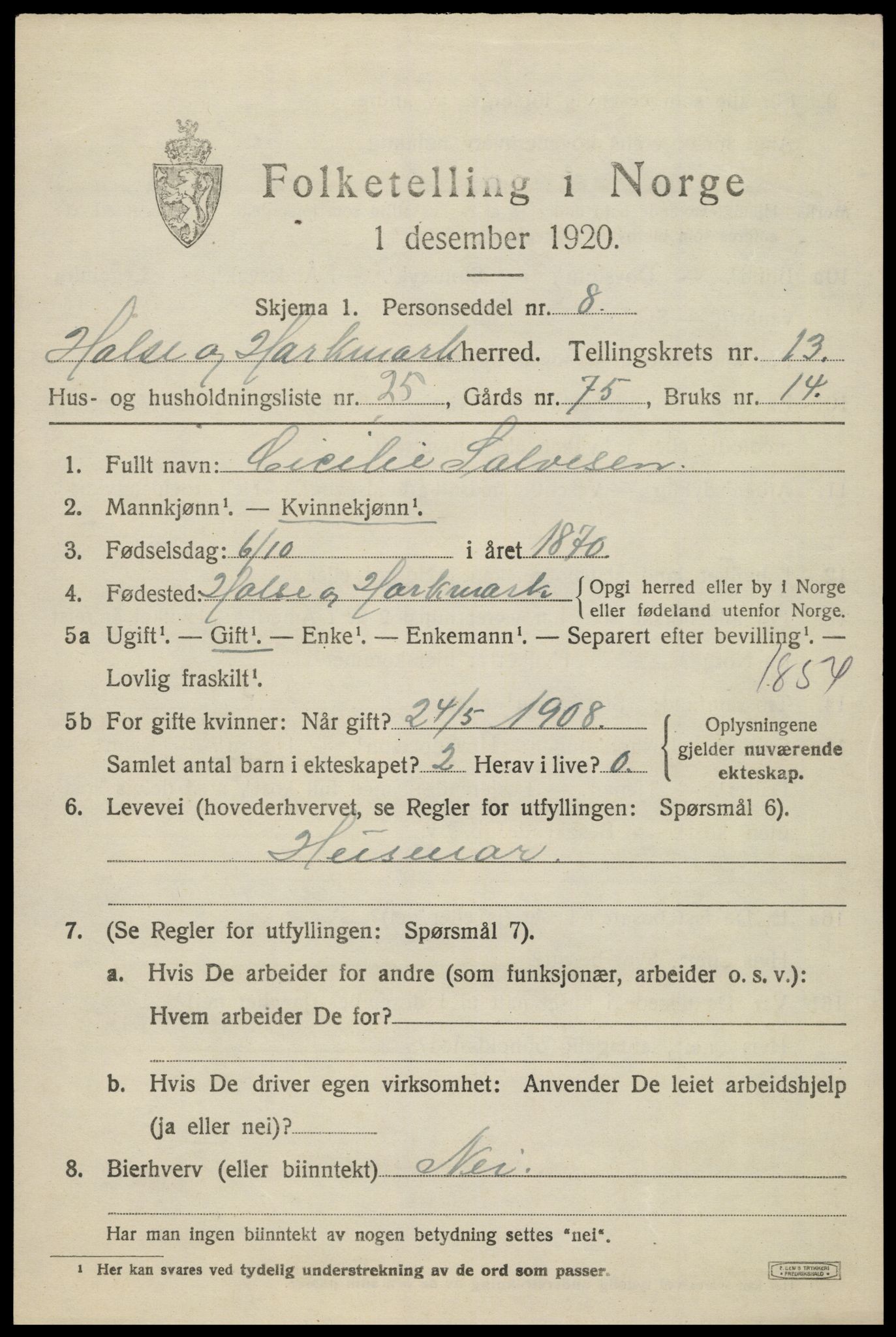 SAK, Folketelling 1920 for 1019 Halse og Harkmark herred, 1920, s. 7229