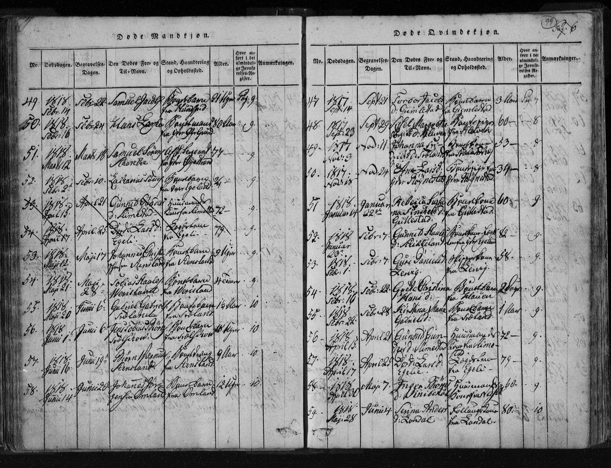Kvinesdal sokneprestkontor, AV/SAK-1111-0026/F/Fa/Fab/L0003: Ministerialbok nr. A 3, 1815-1829, s. 99