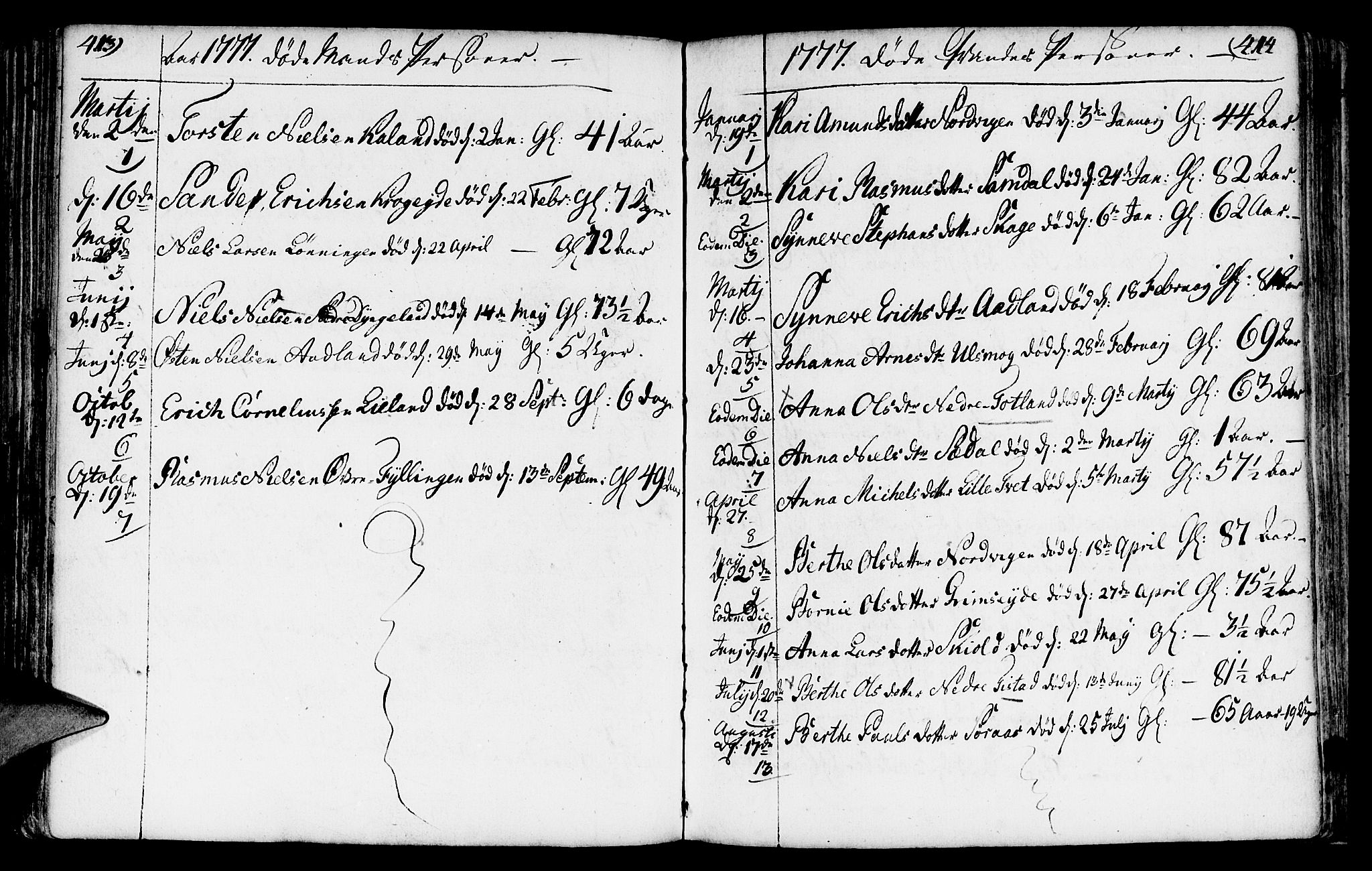 Fana Sokneprestembete, AV/SAB-A-75101/H/Haa/Haaa/L0005: Ministerialbok nr. A 5, 1773-1799, s. 413-414