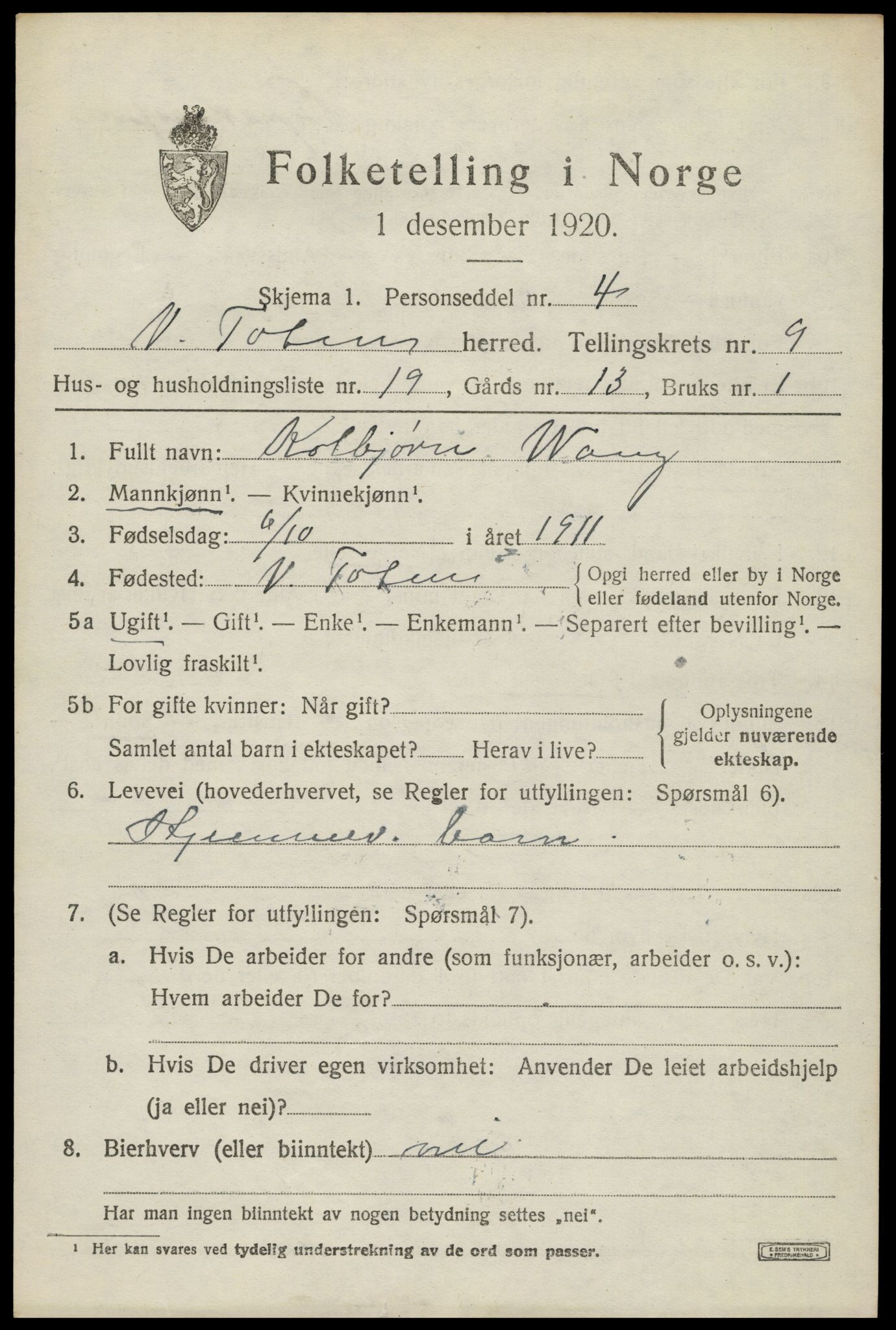 SAH, Folketelling 1920 for 0529 Vestre Toten herred, 1920, s. 11644