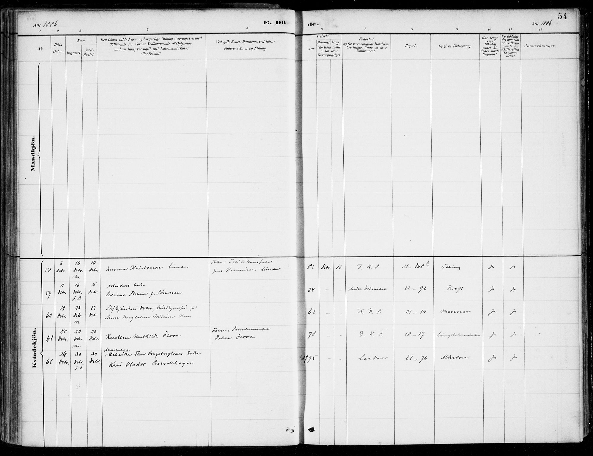 Korskirken sokneprestembete, SAB/A-76101/H/Hab: Klokkerbok nr. E 4, 1884-1910, s. 54