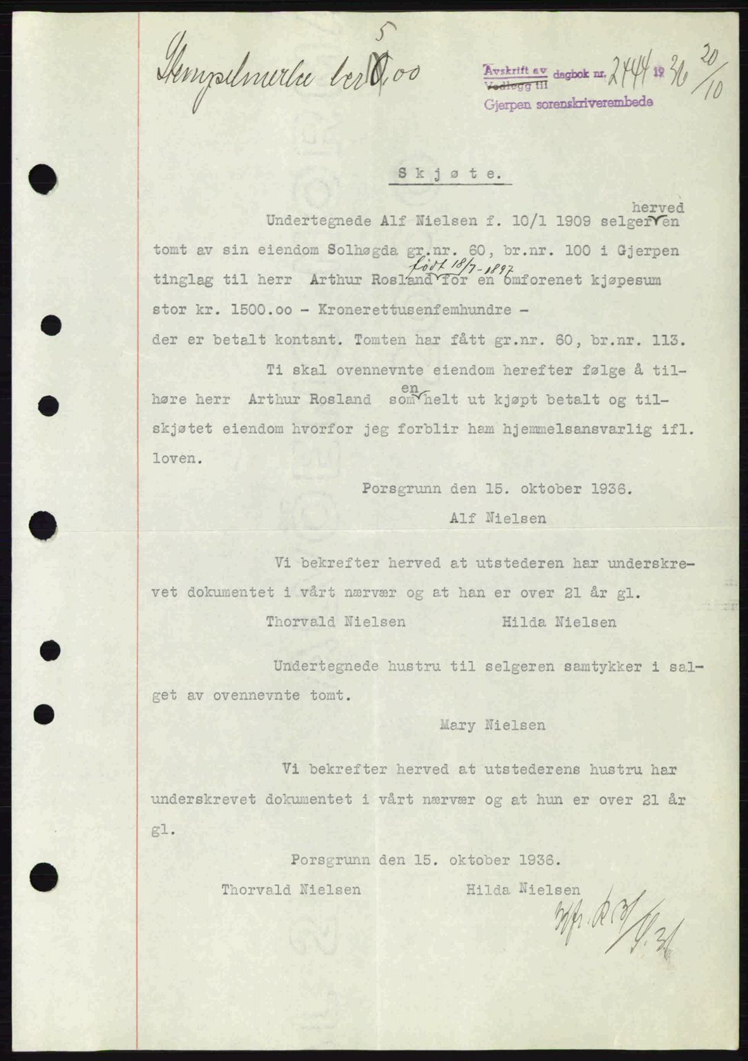 Gjerpen sorenskriveri, SAKO/A-216/G/Ga/Gae/L0067: Pantebok nr. A-66 - A-68, 1936-1937, Dagboknr: 2444/1936