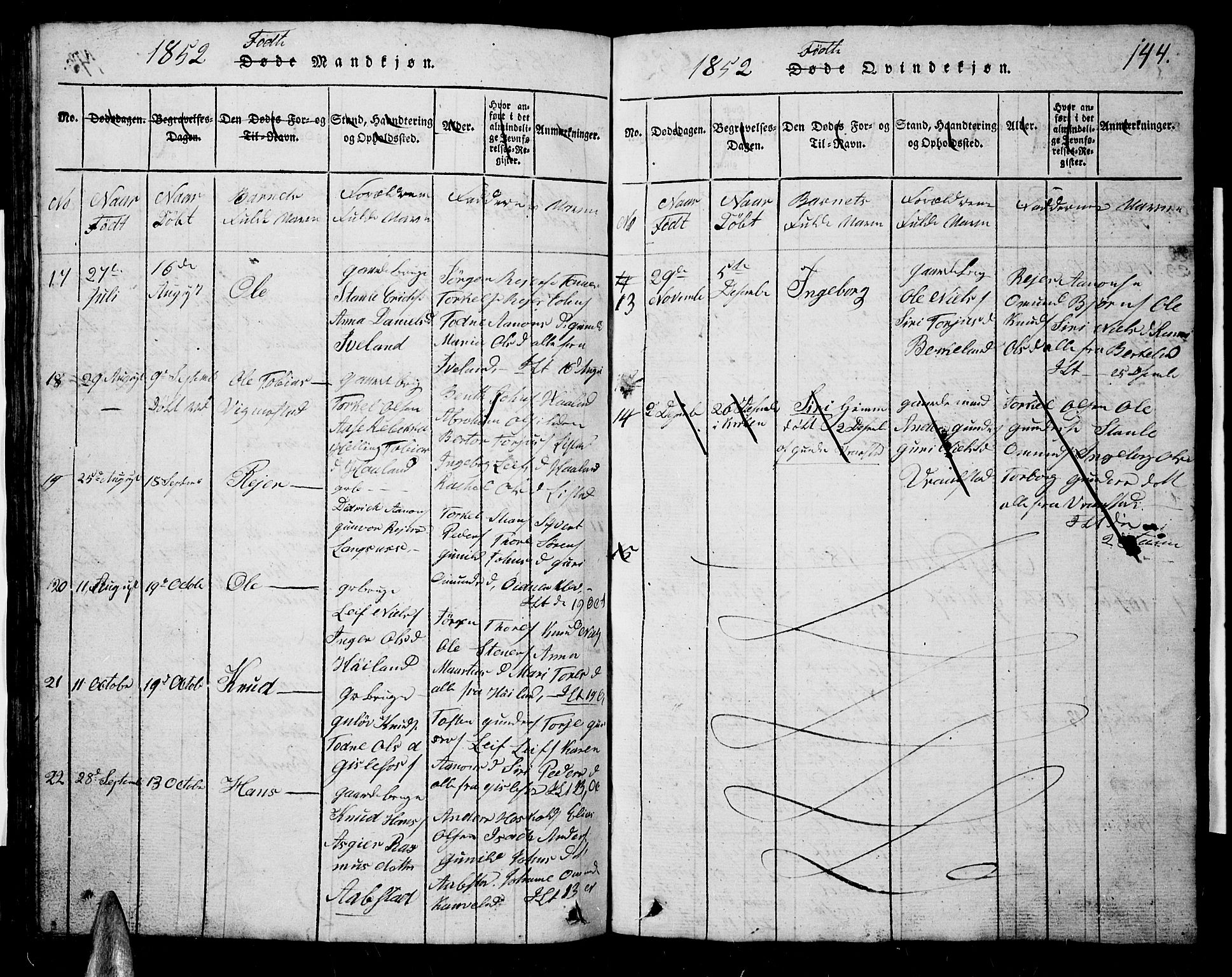 Nord-Audnedal sokneprestkontor, SAK/1111-0032/F/Fb/Fba/L0001: Klokkerbok nr. B 1, 1815-1856, s. 144