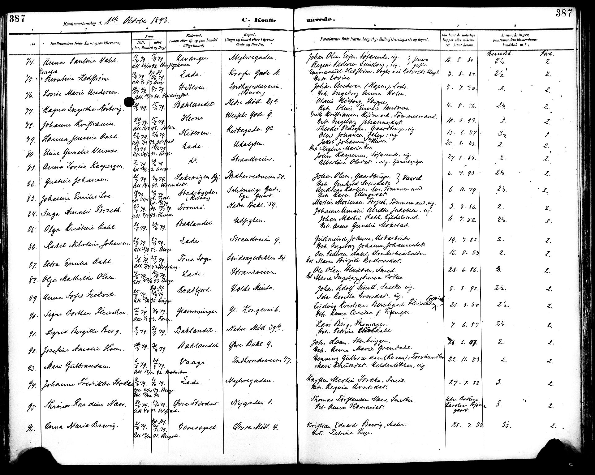 Ministerialprotokoller, klokkerbøker og fødselsregistre - Sør-Trøndelag, SAT/A-1456/604/L0197: Ministerialbok nr. 604A18, 1893-1900, s. 387