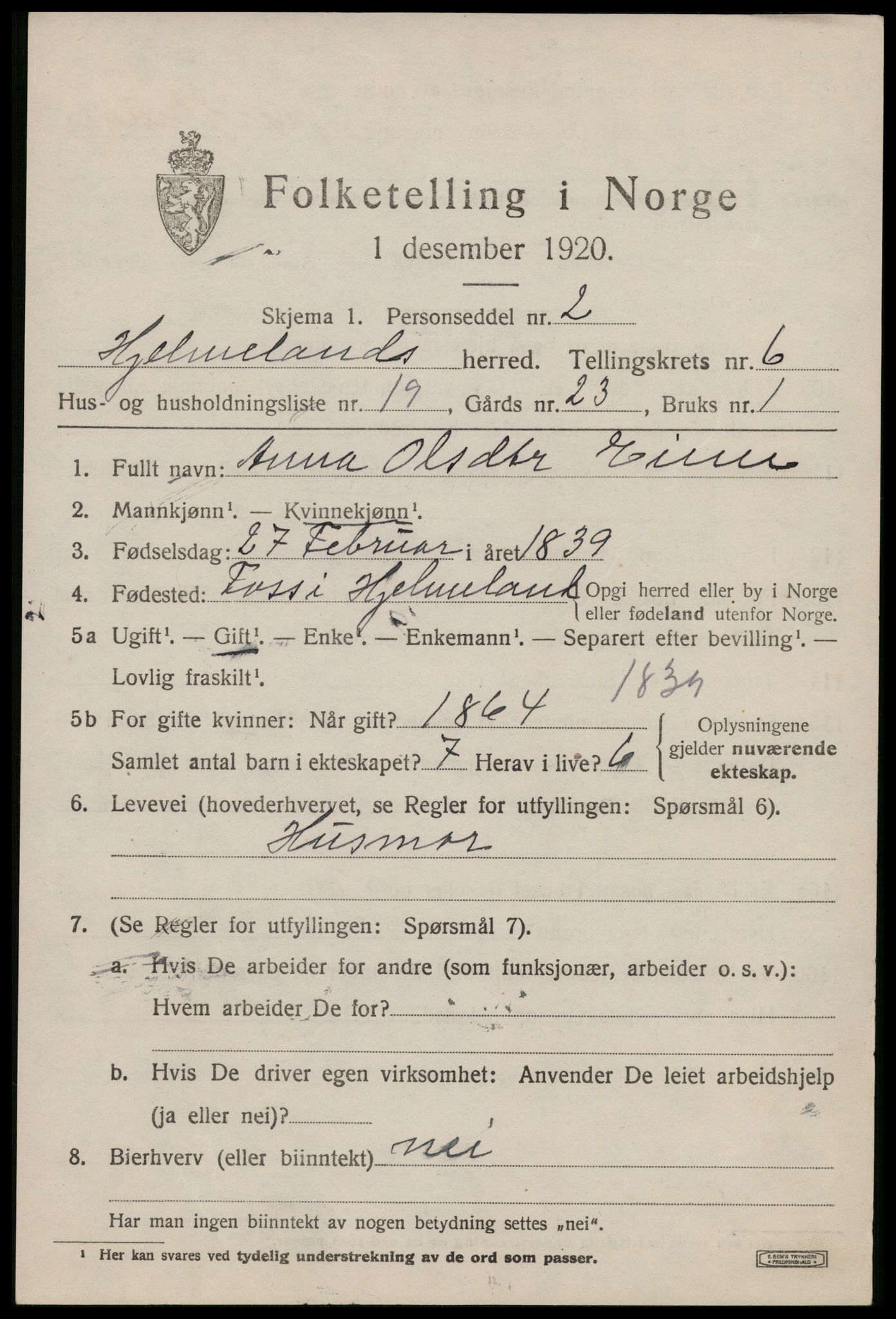 SAST, Folketelling 1920 for 1133 Hjelmeland herred, 1920, s. 2249