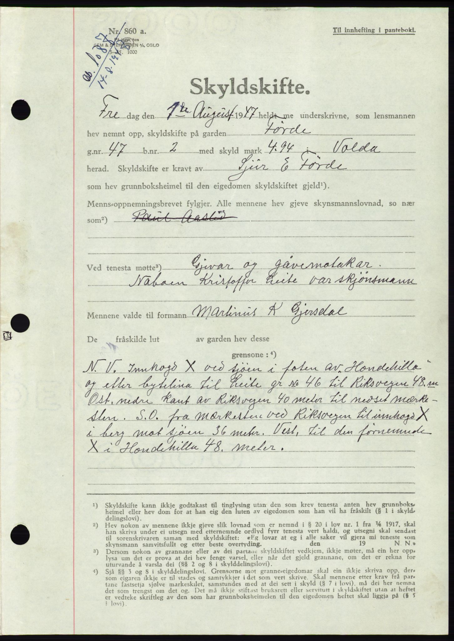 Søre Sunnmøre sorenskriveri, AV/SAT-A-4122/1/2/2C/L0081: Pantebok nr. 7A, 1947-1948, Dagboknr: 1087/1947