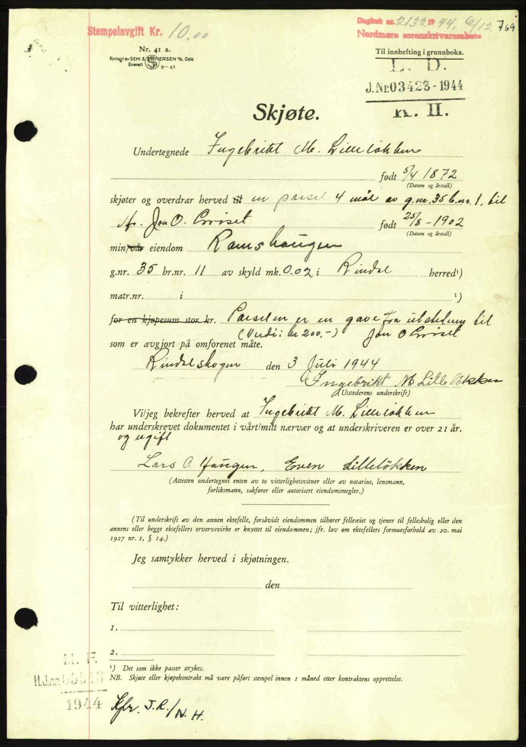 Nordmøre sorenskriveri, SAT/A-4132/1/2/2Ca: Pantebok nr. A98, 1944-1944, Dagboknr: 2132/1944