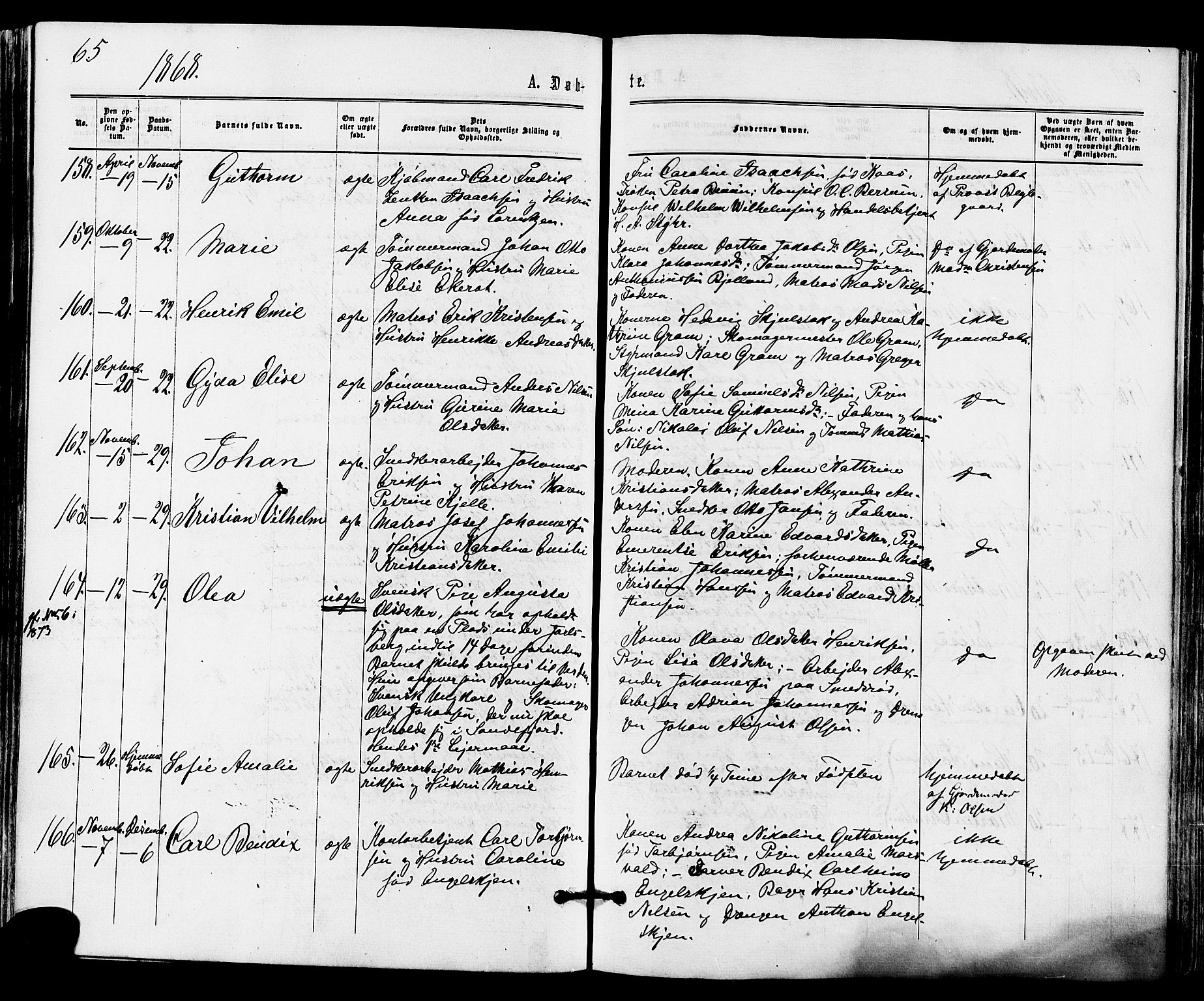 Tønsberg kirkebøker, AV/SAKO-A-330/F/Fa/L0009: Ministerialbok nr. I 9, 1865-1873, s. 65