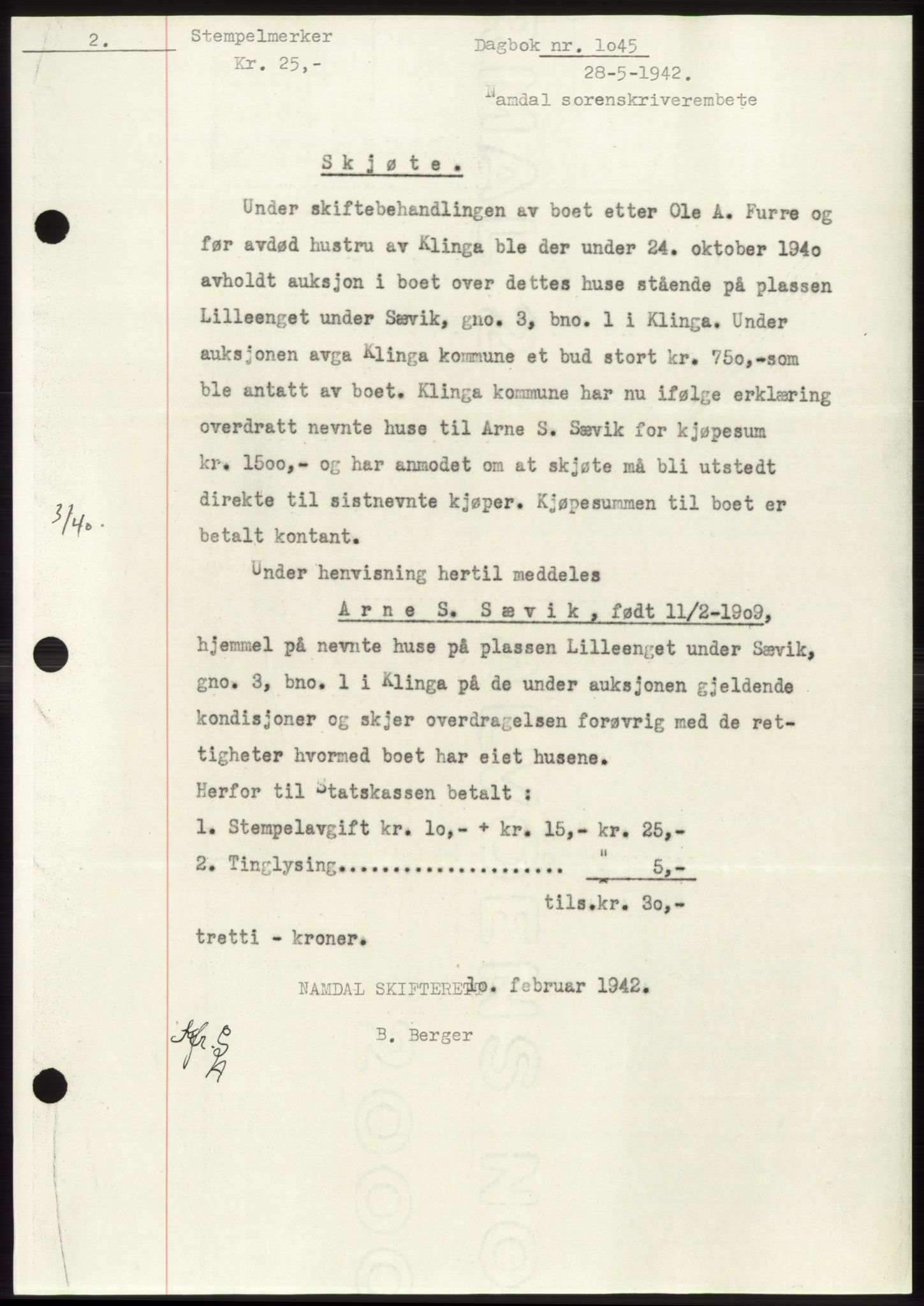 Namdal sorenskriveri, SAT/A-4133/1/2/2C: Pantebok nr. -, 1941-1942, Dagboknr: 1045/1942