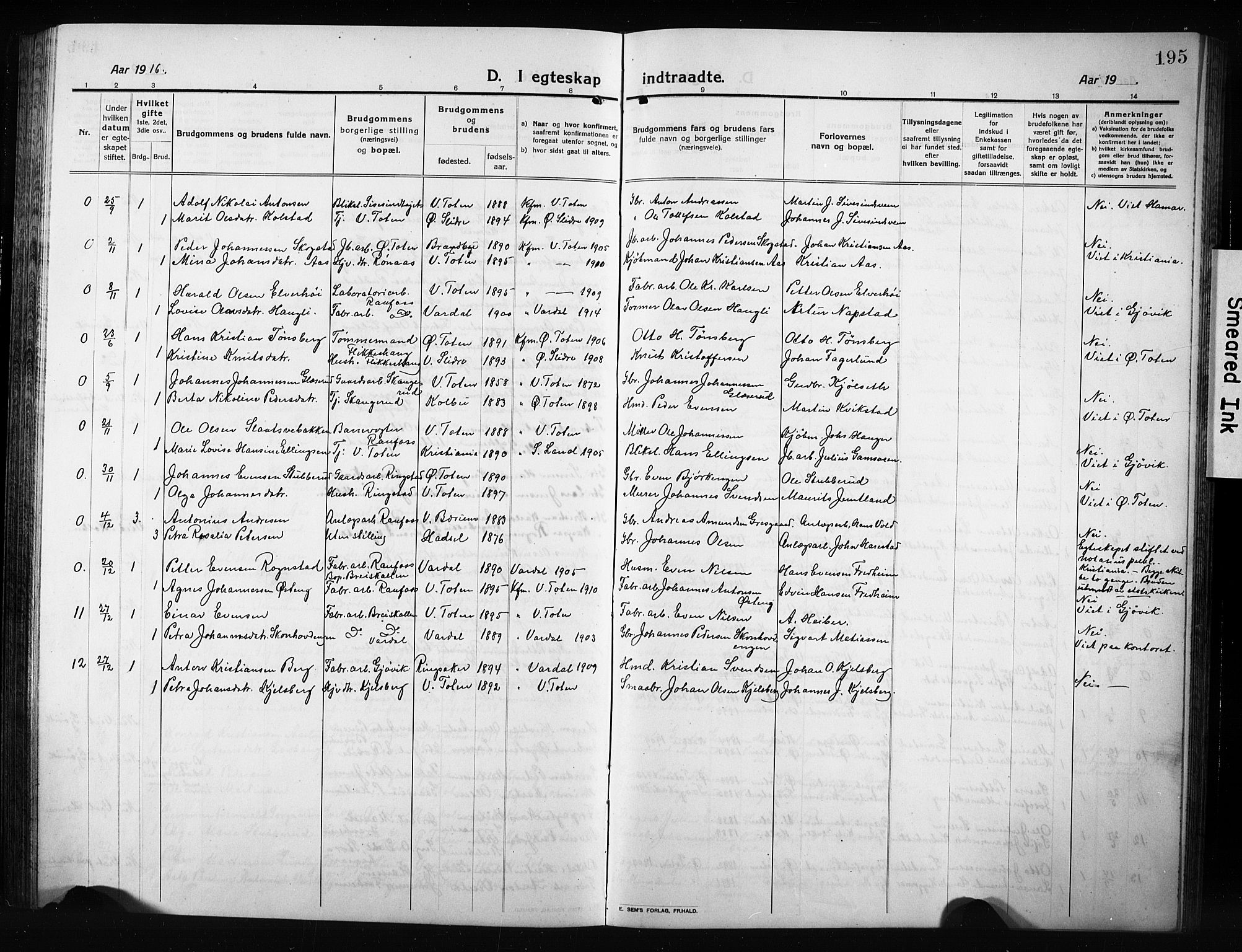 Vestre Toten prestekontor, AV/SAH-PREST-108/H/Ha/Hab/L0012: Klokkerbok nr. 12, 1909-1928, s. 195