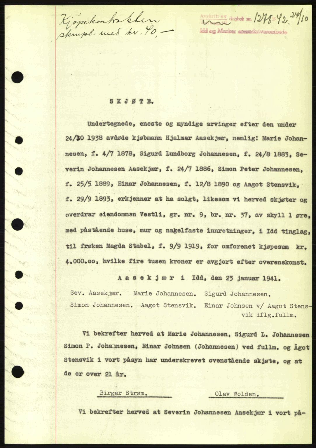 Idd og Marker sorenskriveri, AV/SAO-A-10283/G/Gb/Gbb/L0005: Pantebok nr. A5, 1941-1943, Dagboknr: 1278/1942