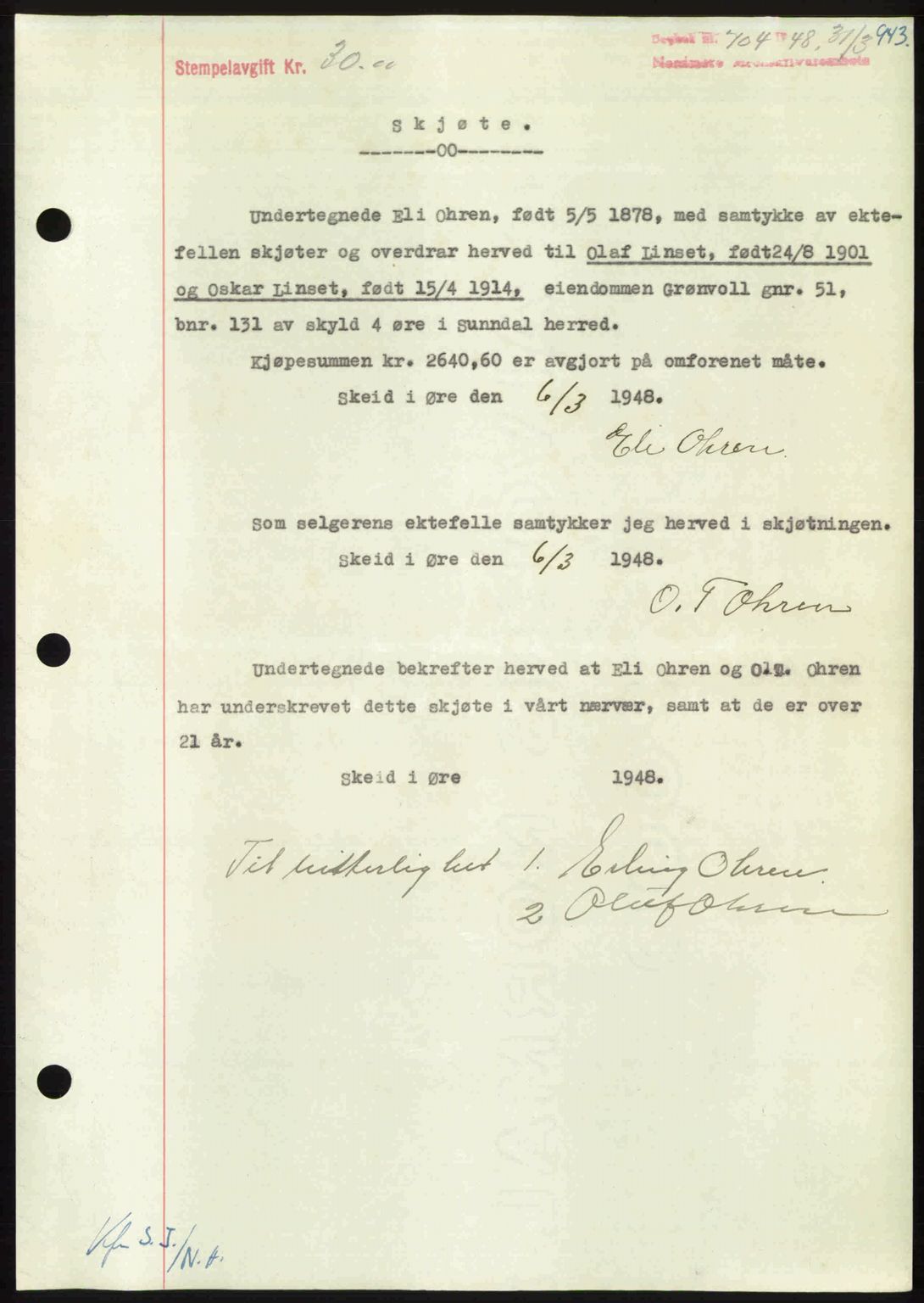 Nordmøre sorenskriveri, SAT/A-4132/1/2/2Ca: Pantebok nr. A107, 1947-1948, Dagboknr: 704/1948