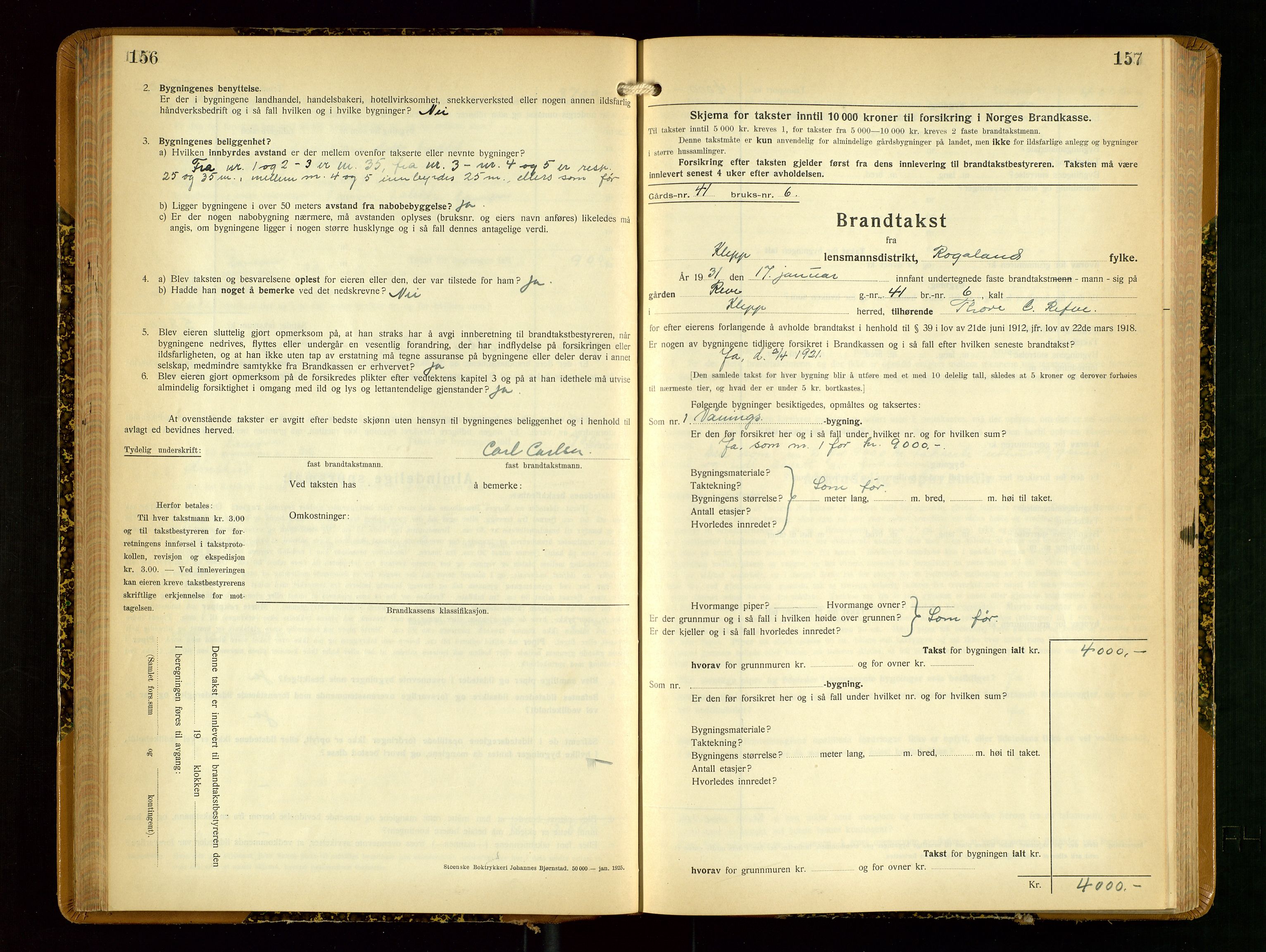Klepp lensmannskontor, SAST/A-100163/Goc/L0012: "Brandtakstprotokoll" m/register, 1929-1933, s. 156-157