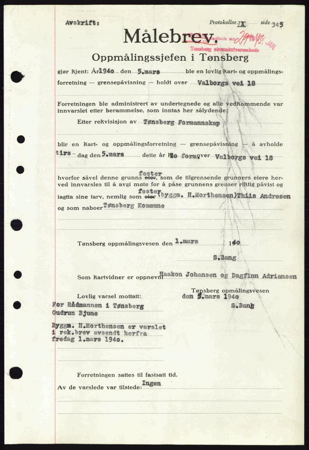 Tønsberg sorenskriveri, AV/SAKO-A-130/G/Ga/Gaa/L0016: Pantebok nr. A16, 1944-1945, Dagboknr: 29/1945