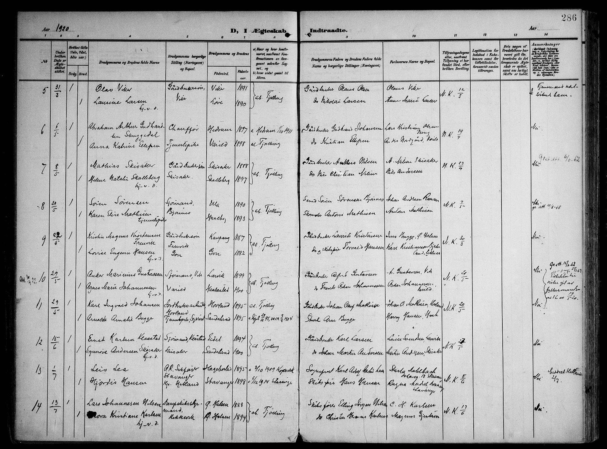 Tjølling kirkebøker, AV/SAKO-A-60/F/Fa/L0010: Ministerialbok nr. 10, 1906-1923, s. 286