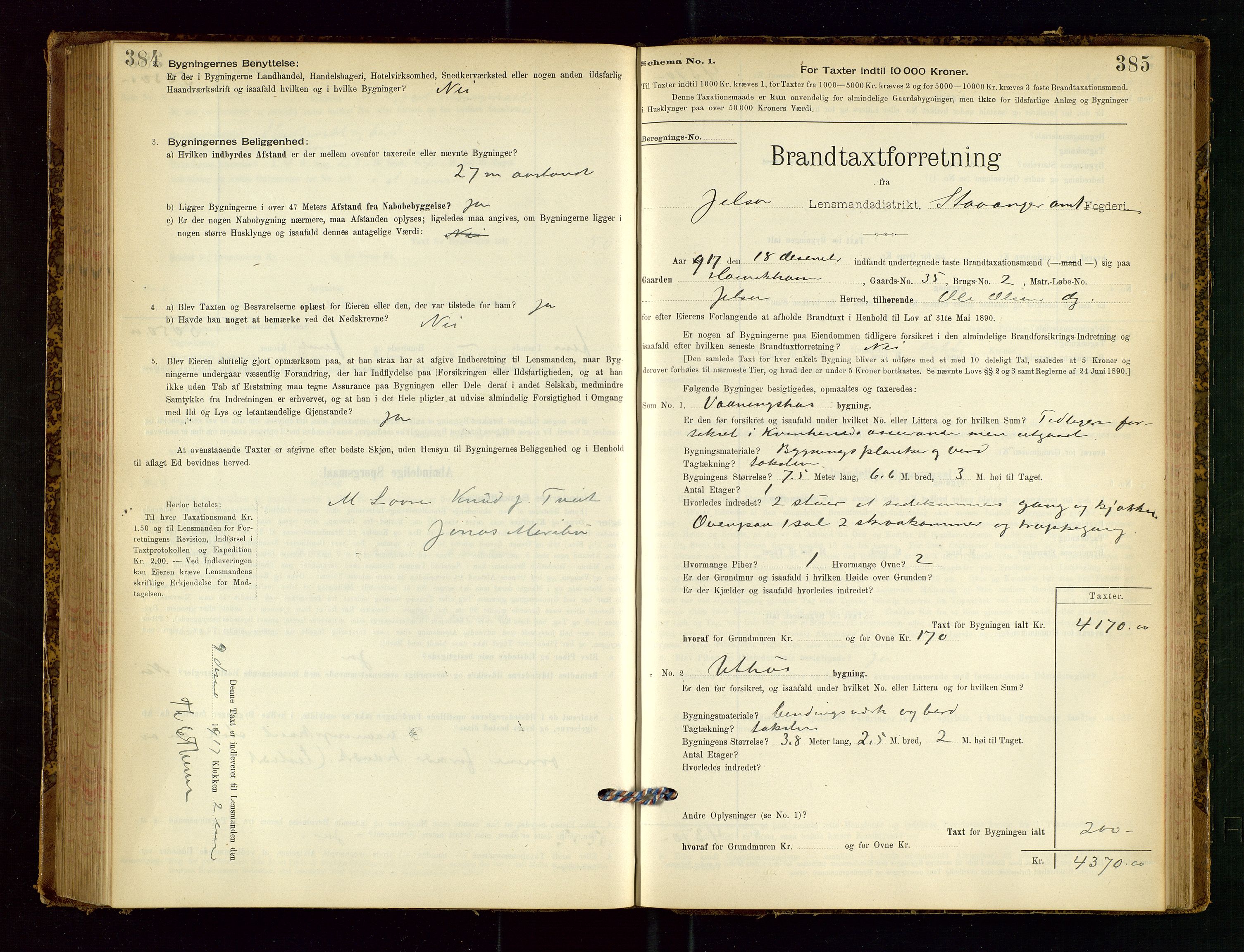 Jelsa lensmannskontor, SAST/A-100360/Gob/L0001: "Brandtaxationsprotocol", 1895-1918, s. 384-385
