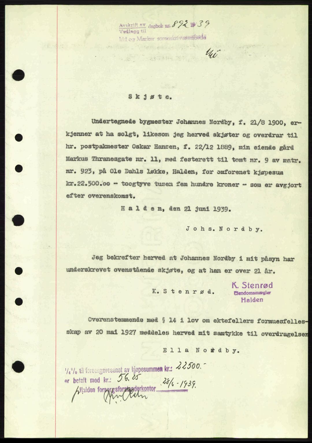 Idd og Marker sorenskriveri, AV/SAO-A-10283/G/Gb/Gbb/L0003: Pantebok nr. A3, 1938-1939, Dagboknr: 892/1939