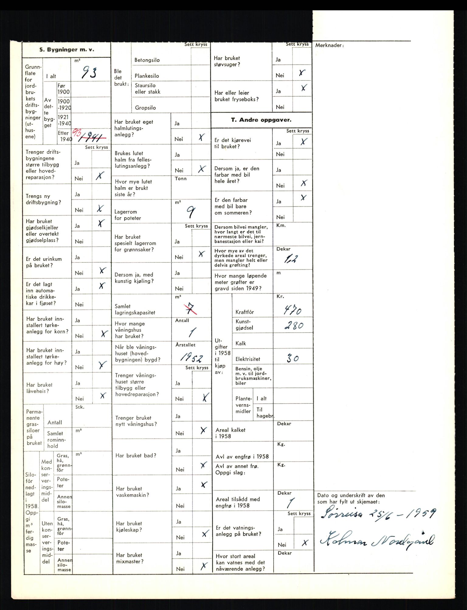 Statistisk sentralbyrå, Næringsøkonomiske emner, Jordbruk, skogbruk, jakt, fiske og fangst, AV/RA-S-2234/G/Gd/L0656: Troms: 1924 Målselv (kl. 0-3) og 1925 Sørreisa, 1959, s. 1424