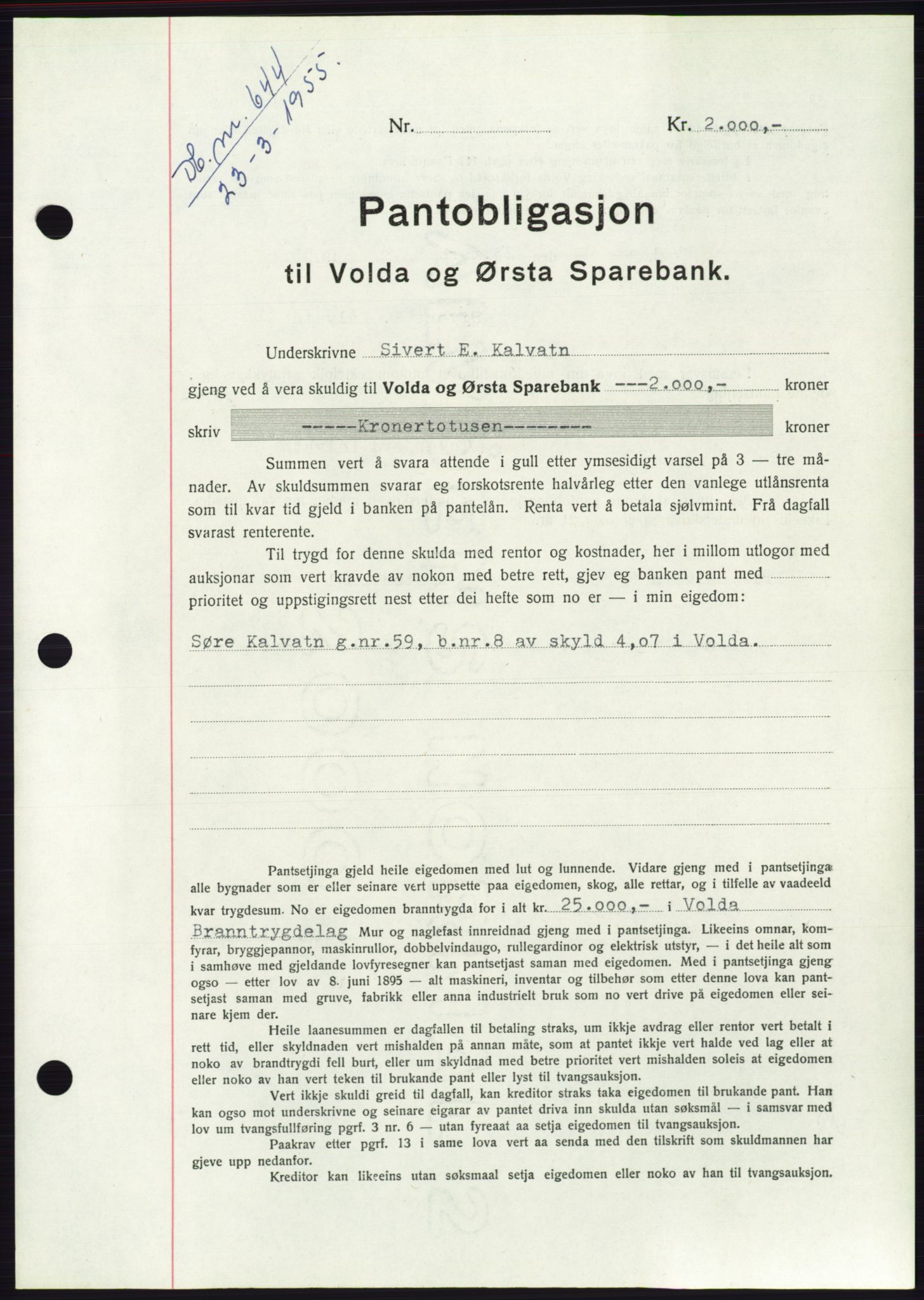 Søre Sunnmøre sorenskriveri, AV/SAT-A-4122/1/2/2C/L0126: Pantebok nr. 14B, 1954-1955, Dagboknr: 644/1955