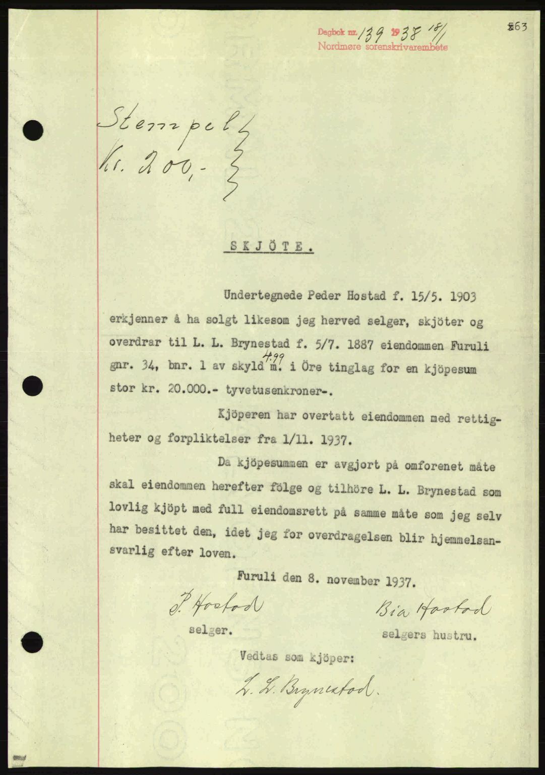 Nordmøre sorenskriveri, SAT/A-4132/1/2/2Ca: Pantebok nr. A83, 1938-1938, Dagboknr: 139/1938