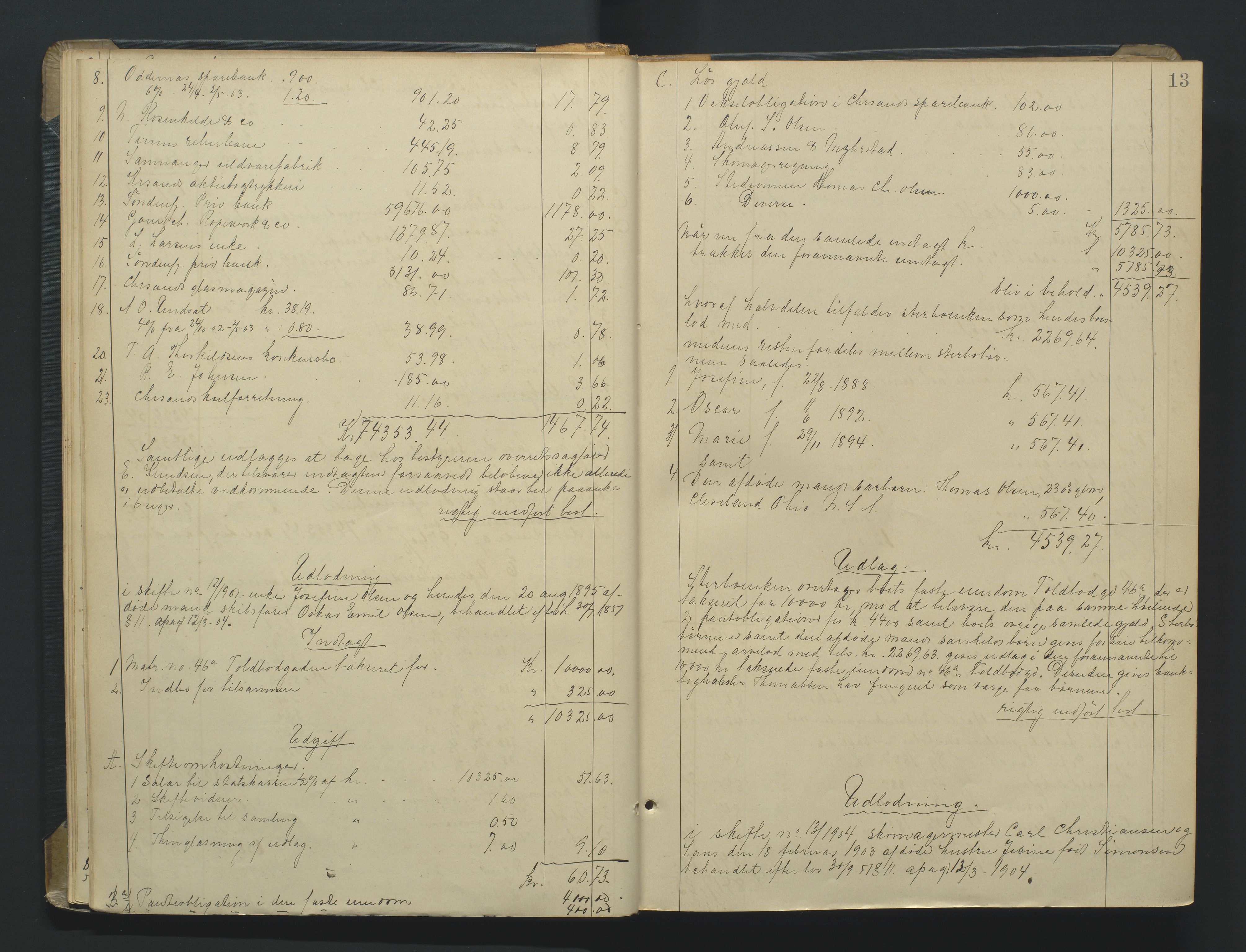Kristiansand byrett, AV/SAK-1223-0001/H/Hc/L0060: Skifteutlodningsprotokoll nr. 6, med register, 1903-1916, s. 13