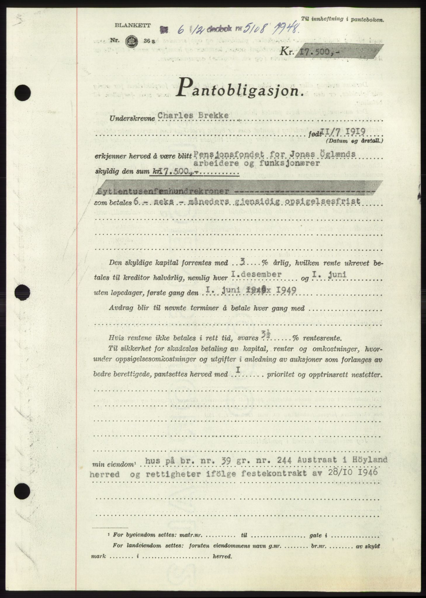 Jæren sorenskriveri, SAST/A-100310/03/G/Gba/L0100: Pantebok, 1948-1948, Dagboknr: 5108/1948