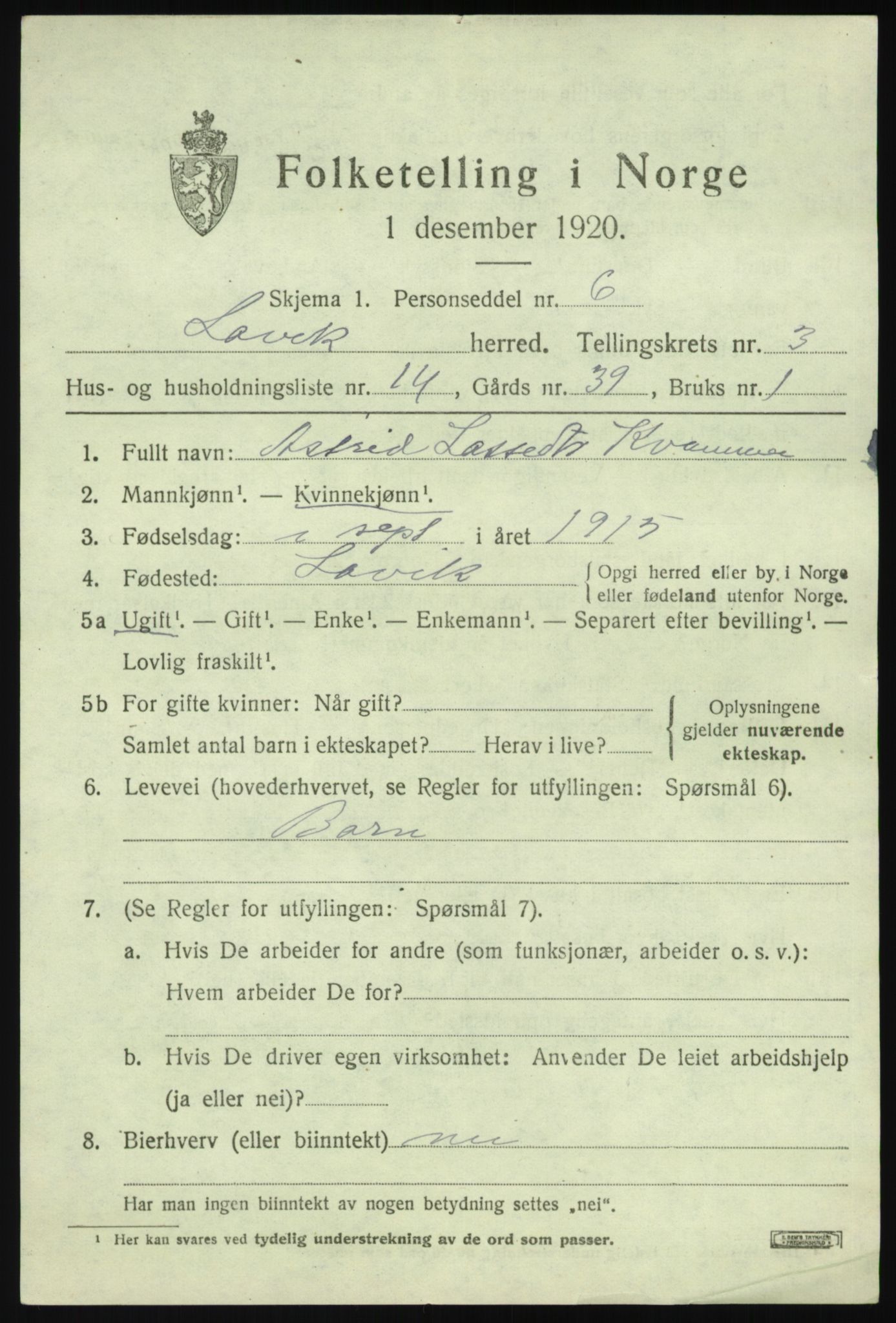SAB, Folketelling 1920 for 1415 Lavik herred, 1920, s. 744